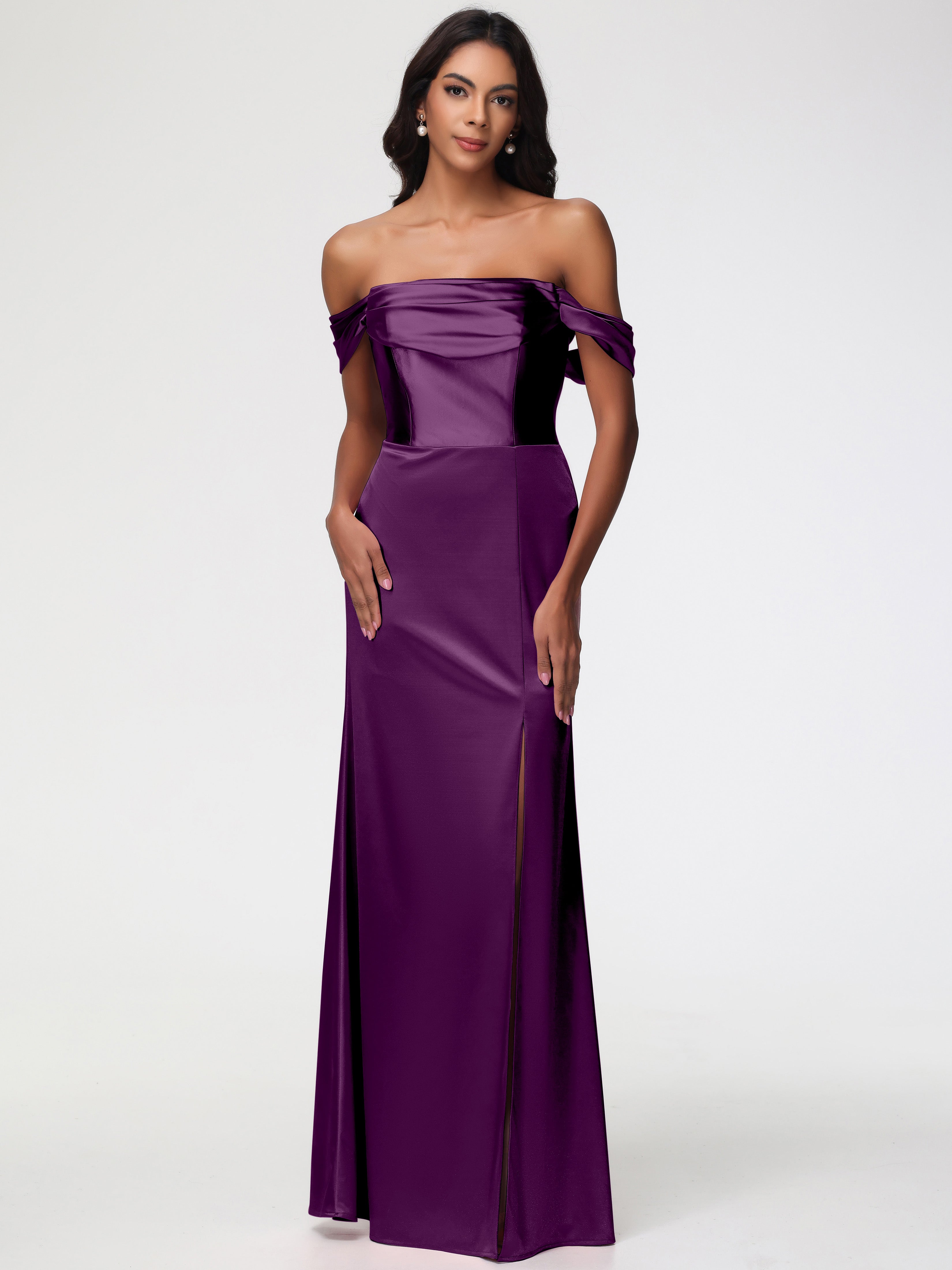 Grape Colour Bridesmaid Dress Sheath/Column Off The Shoulder Minimalist Slit Stretch Satin Long Bridesmaid Dresses