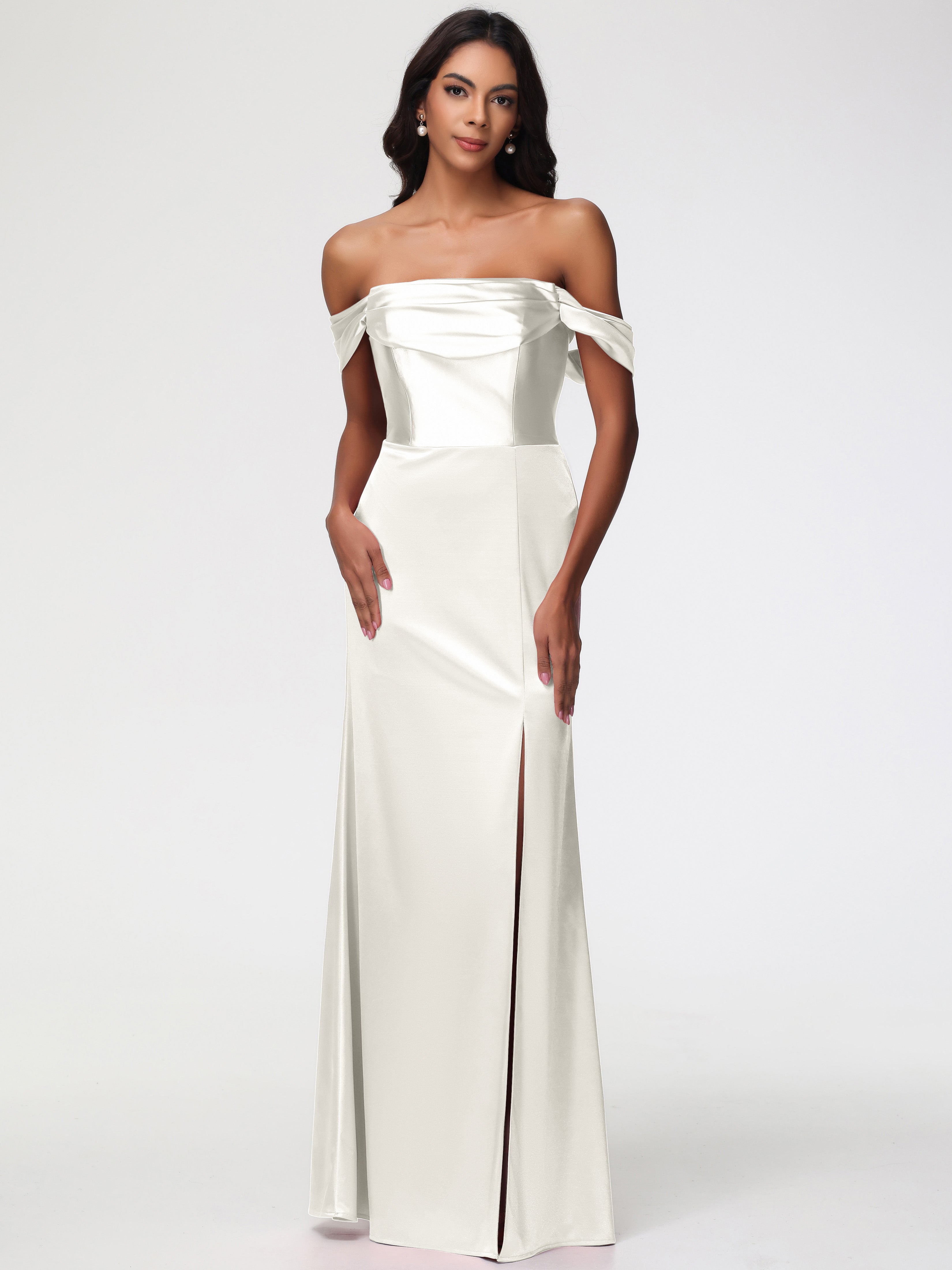 Ivory Satin Bridesmaid Dresses Sheath/Column Off The Shoulder Minimali Ivory Satin Bridesmaid Dresses Sheath/Column Off The Shoulder Minimali