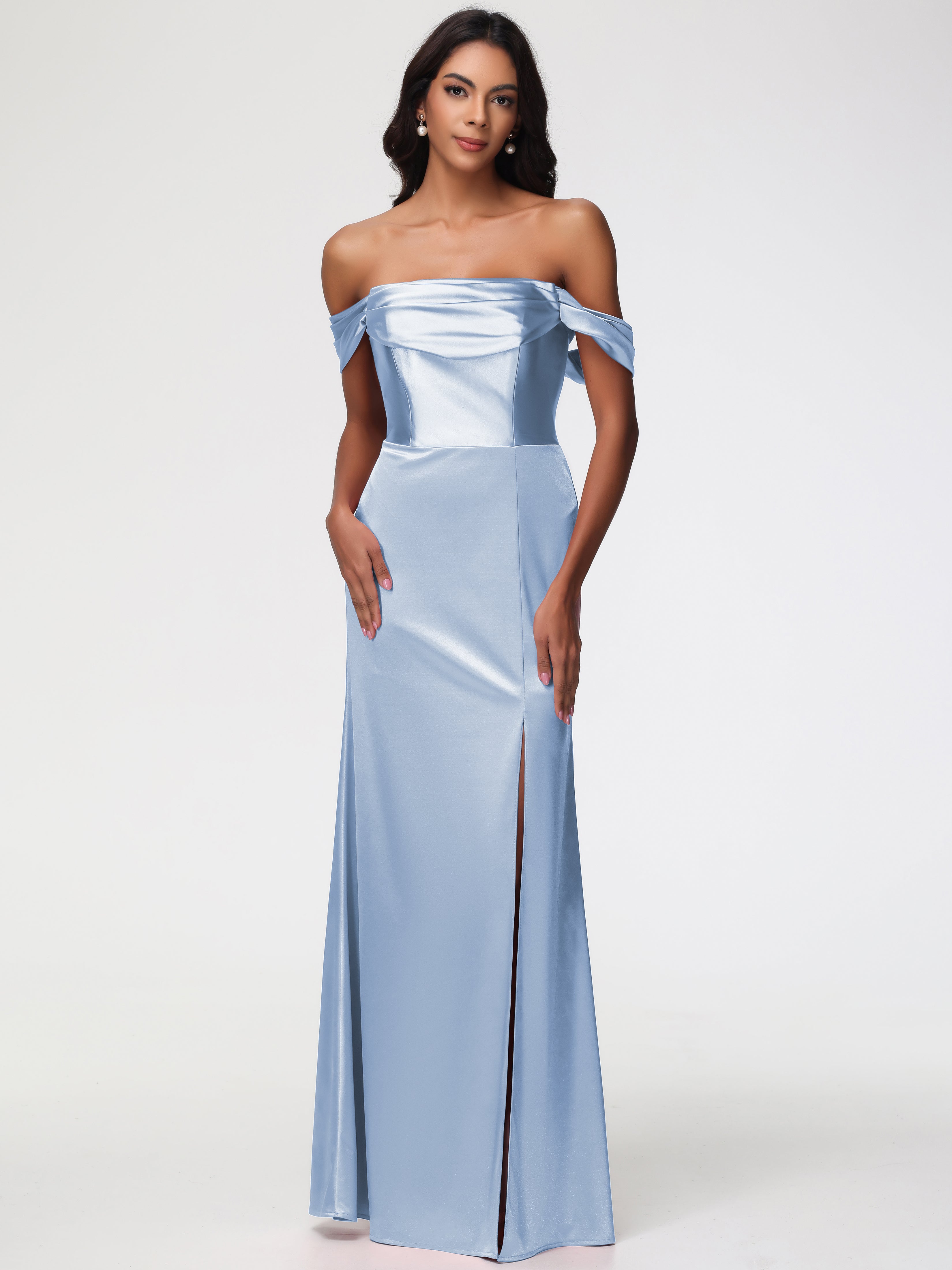 Sky Blue Satin Formal Dresses Sheath/Column Off The Shoulder Minimalis Sky Blue Satin Formal Dresses Sheath/Column Off The Shoulder Minimalis
