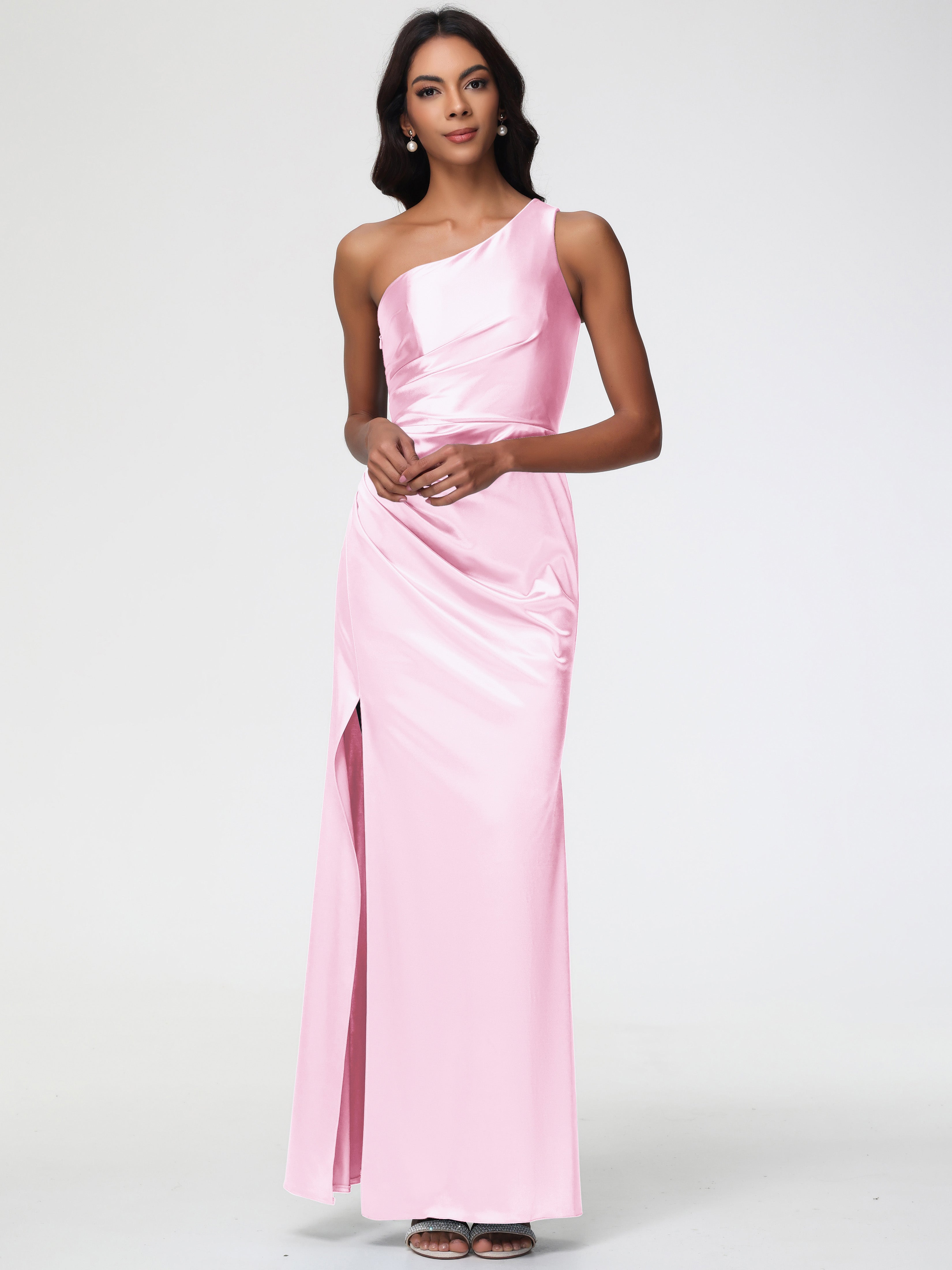 Bridesmaid Blush Pink Dresses One Shoulder Ruched Sleeveless Sheath/Column Floor Length Bridesmaid Dresses With Slit