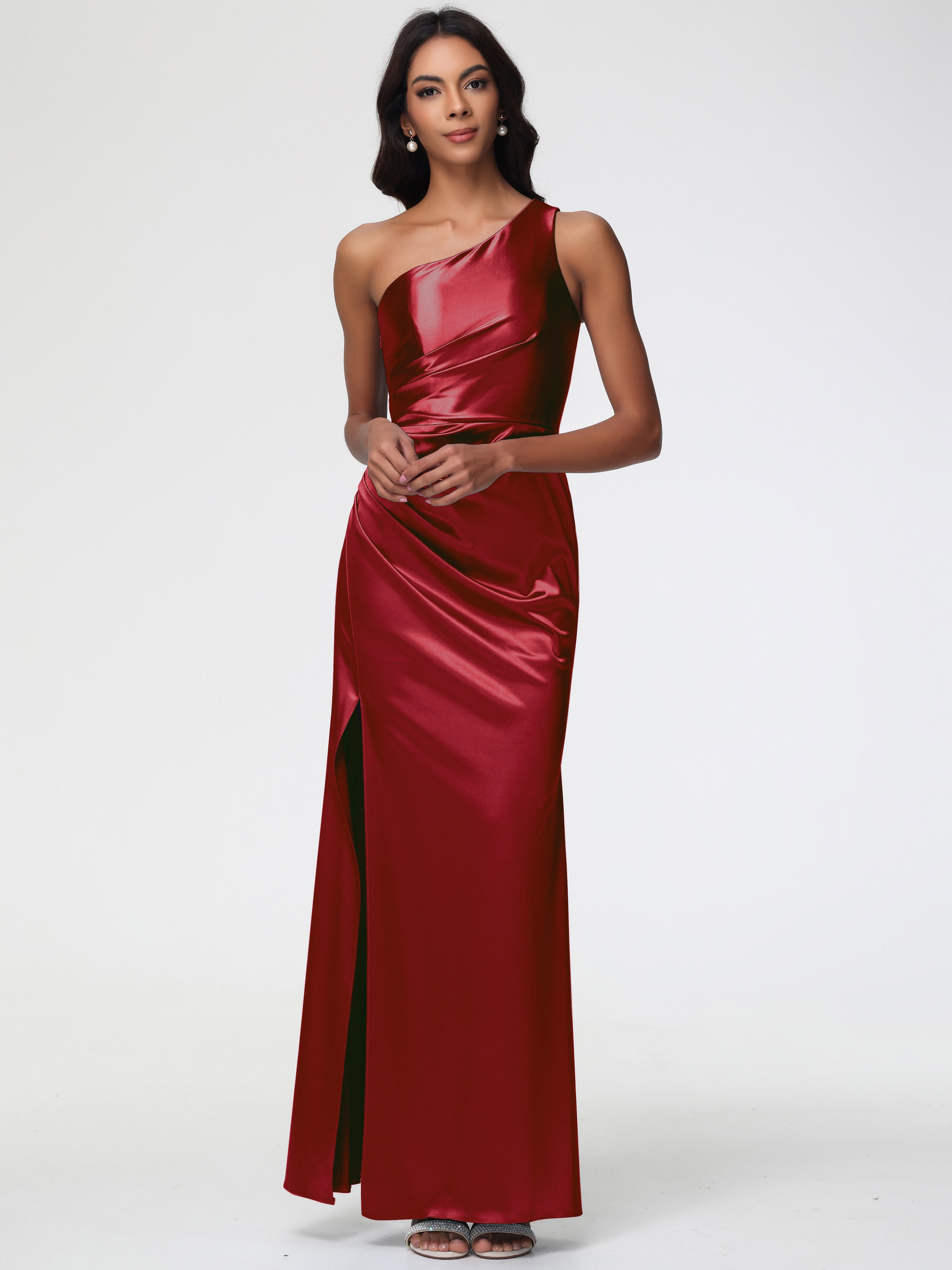Burgundy Dress Formal Dress One Shoulder Ruched Sleeveless Sheath/Colu