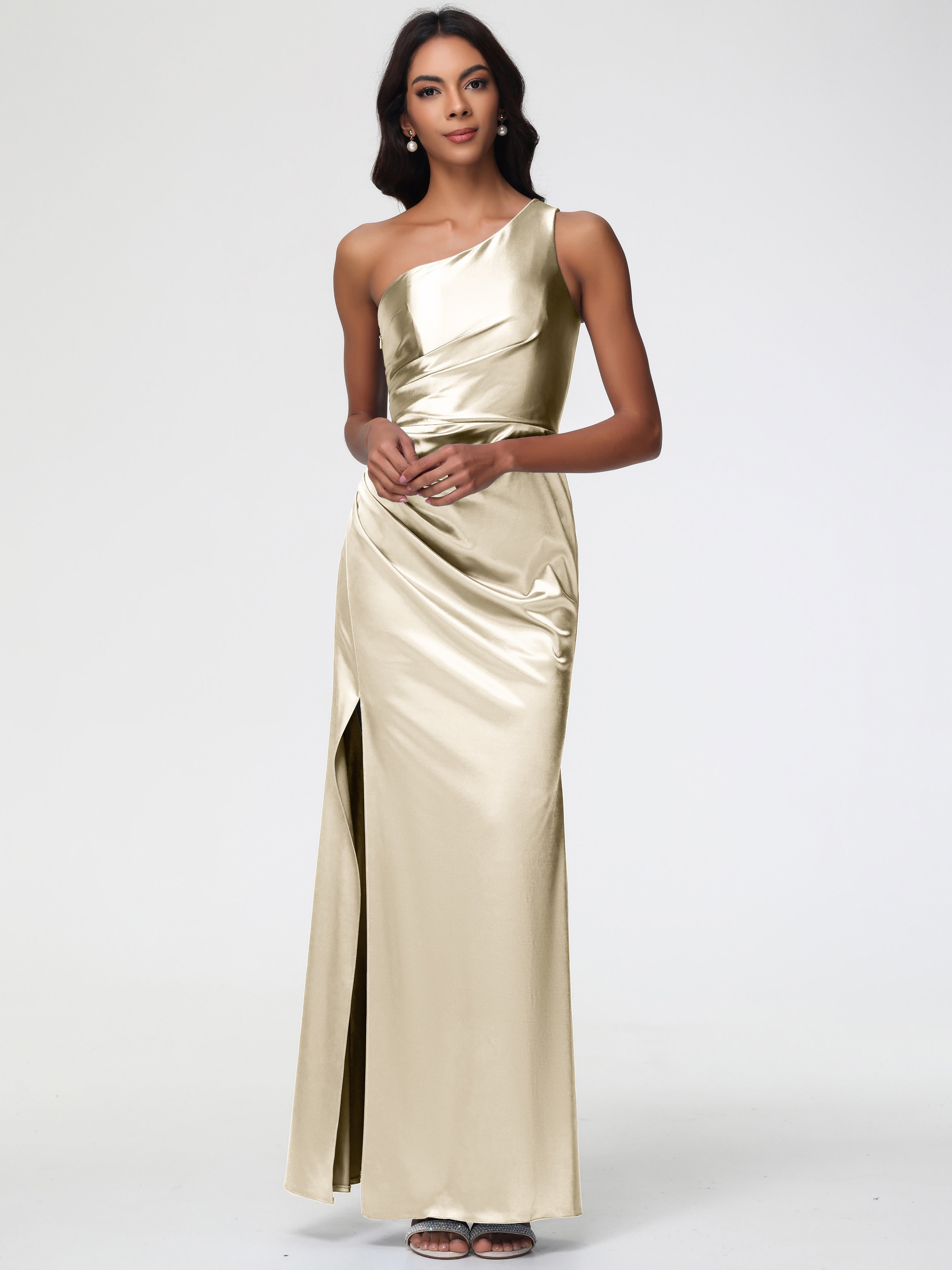 Champagne Colour Prom Dresses One Shoulder Ruched Sleeveless Sheath/Co Champagne Colour Prom Dresses One Shoulder Ruched Sleeveless Sheath/Co