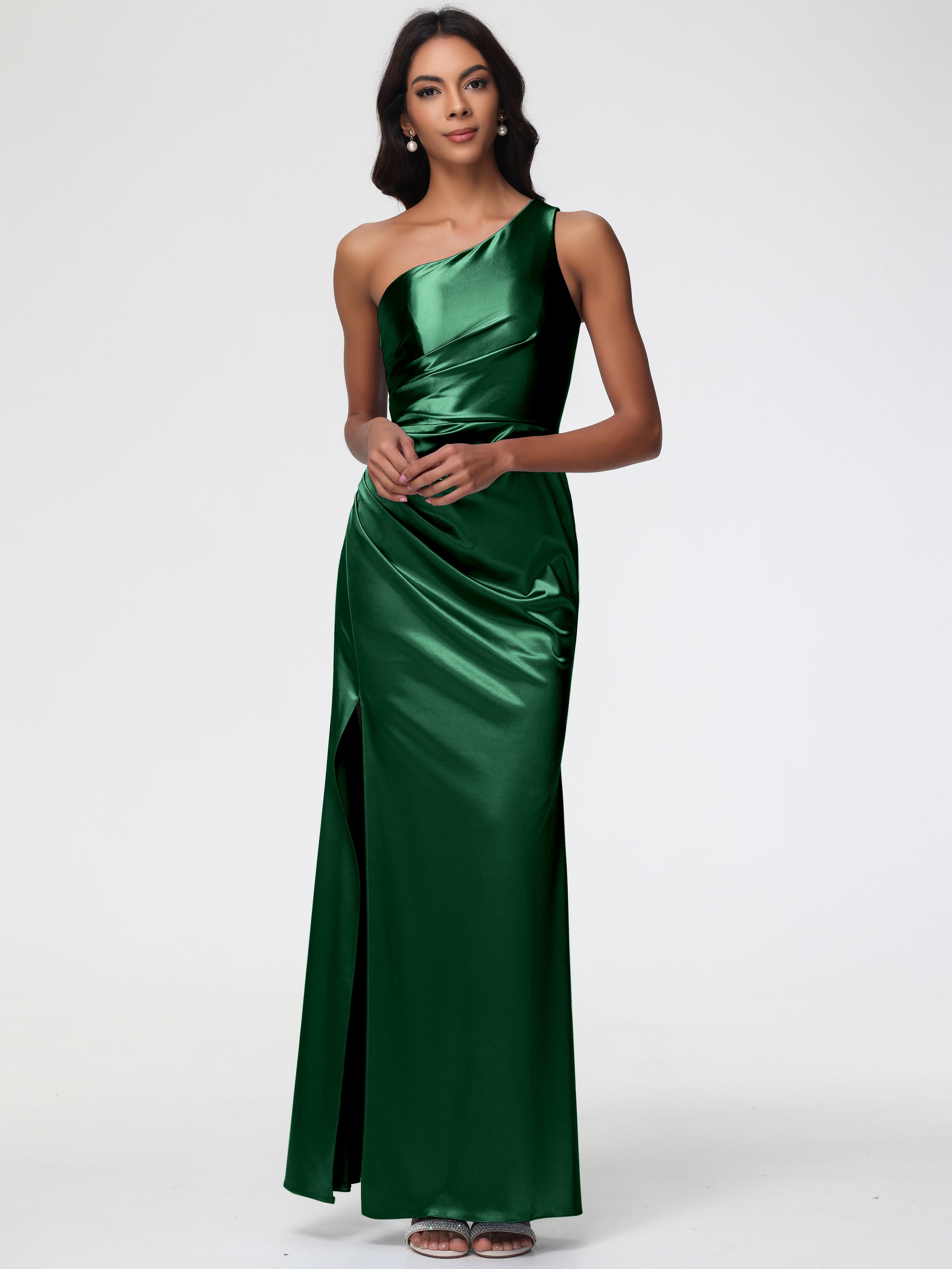 Dark Green Bridesmaids One Shoulder Ruched Sleeveless Sheath/Column Floor Length Bridesmaid Dresses With Slit Dark Green Bridesmaids One Shoulder Ruched Sleeveless Sheath/Column Floor Length Bridesmaid Dresses With Slit