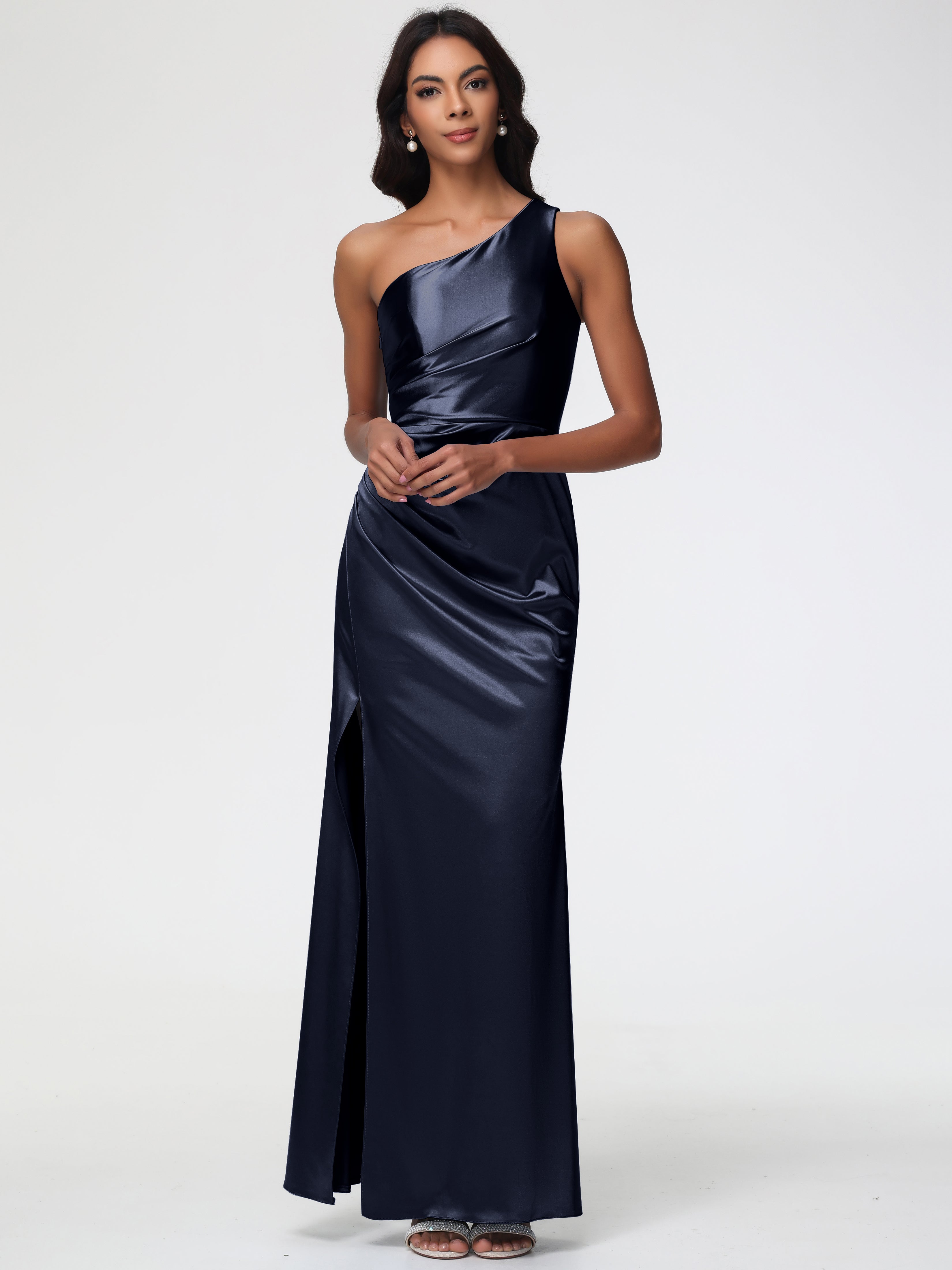 Dark Navy Formal Dresses One Shoulder Ruched Sleeveless Sheath/Column