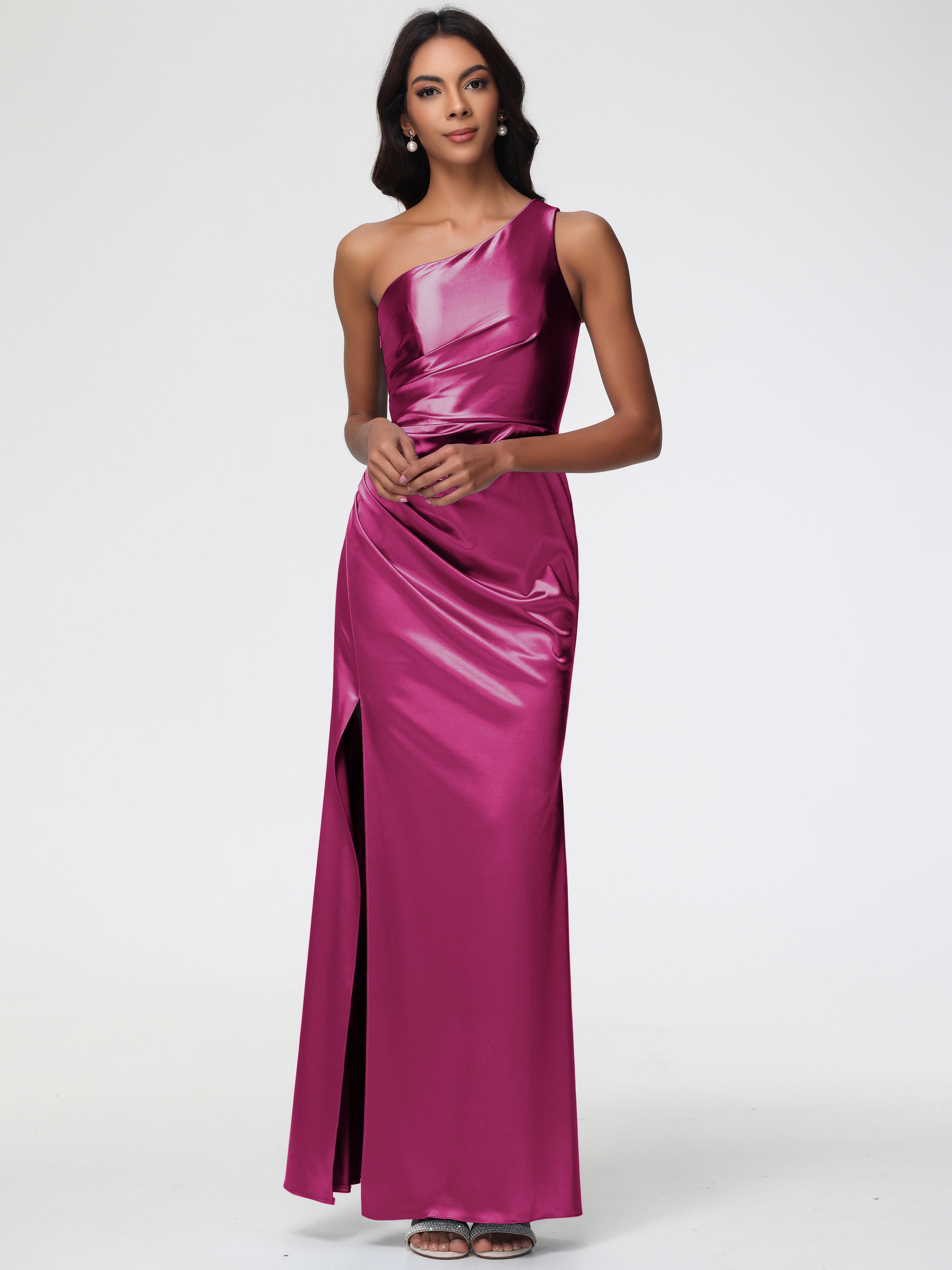 Fuchsia Formal Dresses Long One Shoulder Ruched Sleeveless Sheath/Colu Fuchsia Formal Dresses Long One Shoulder Ruched Sleeveless Sheath/Colu