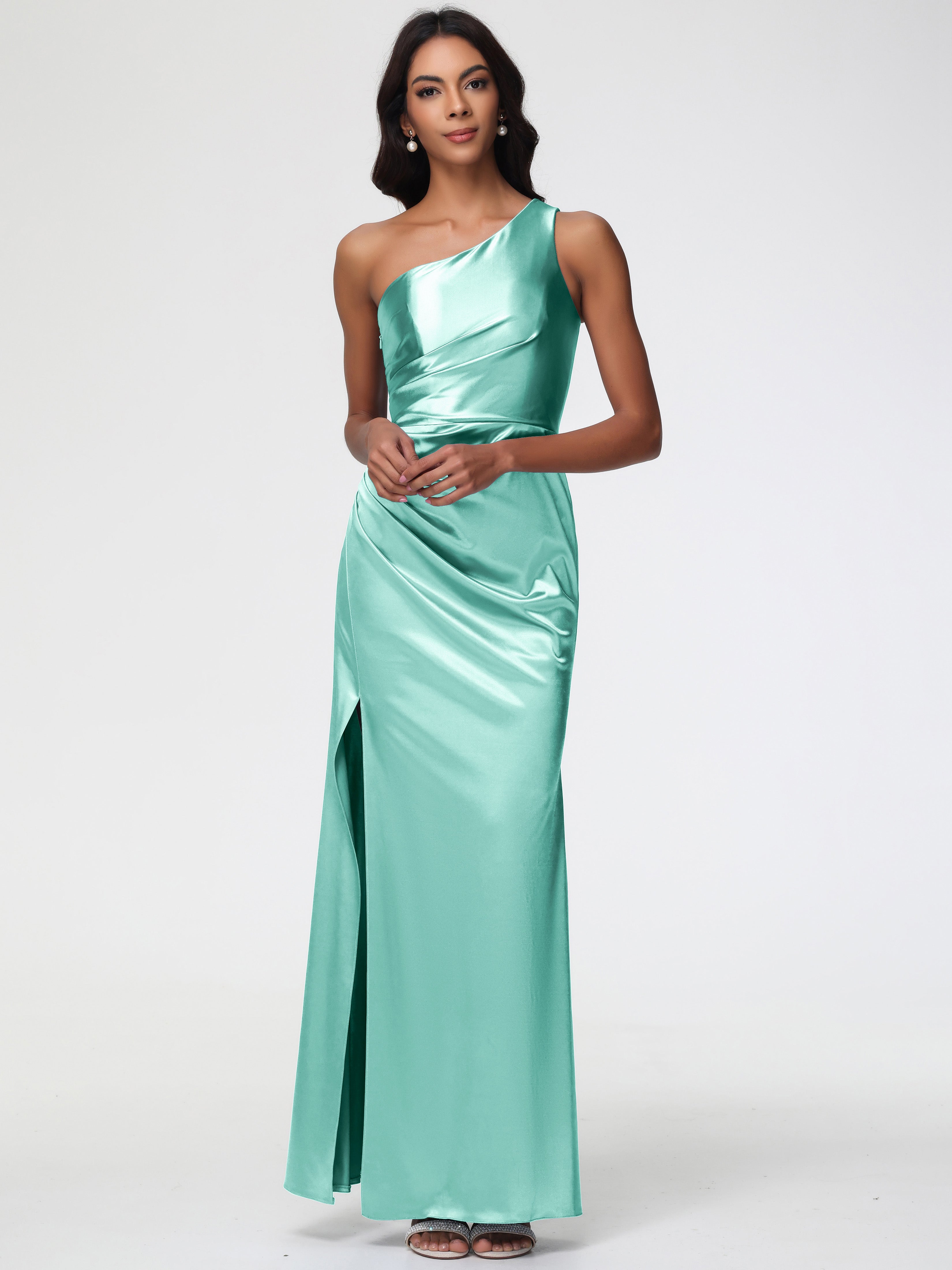 Mint Green Bridesmaids Dress One Shoulder Ruched Sleeveless Sheath/Column Floor Length Bridesmaid Dresses With Slit Mint Green Bridesmaids Dress One Shoulder Ruched Sleeveless Sheath/Column Floor Length Bridesmaid Dresses With Slit