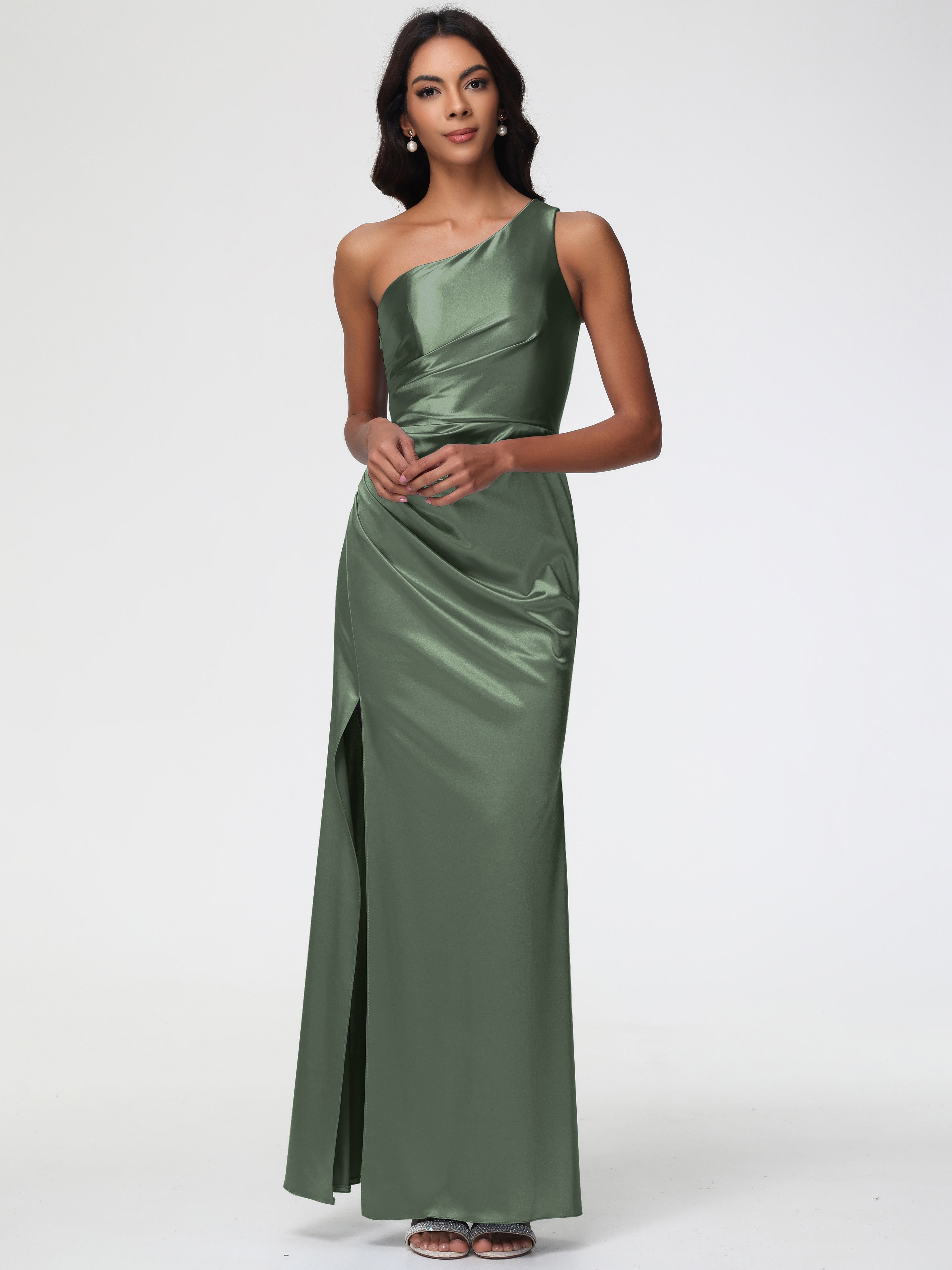 Olive Green Prom Dresses Nearby One Shoulder Ruched Sleeveless Sheath/Column Floor Length Prom Dresses With Slit