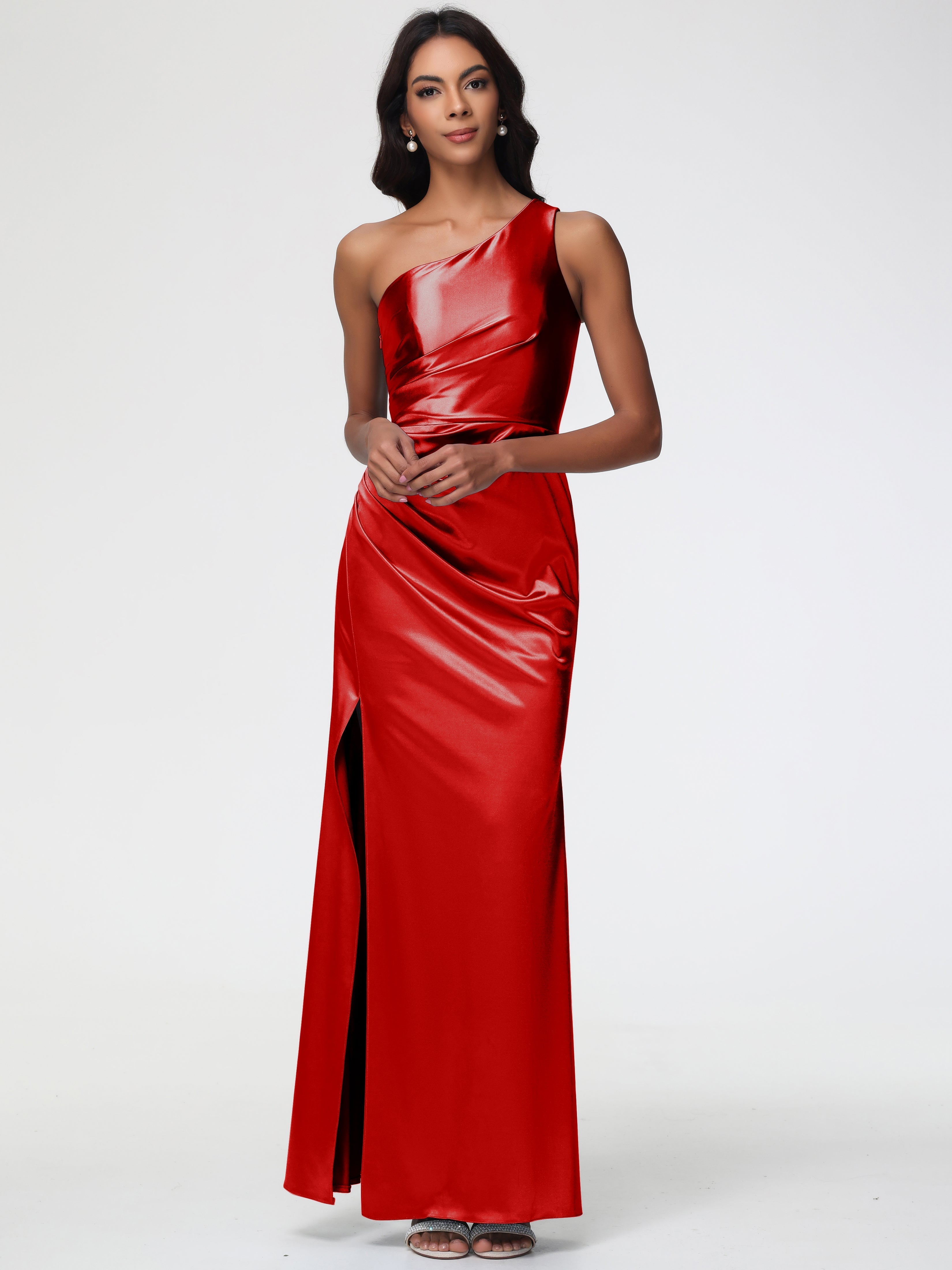 red one shoulder ruched dress Katrin Red One Shoulder Ruched Maxi Dress