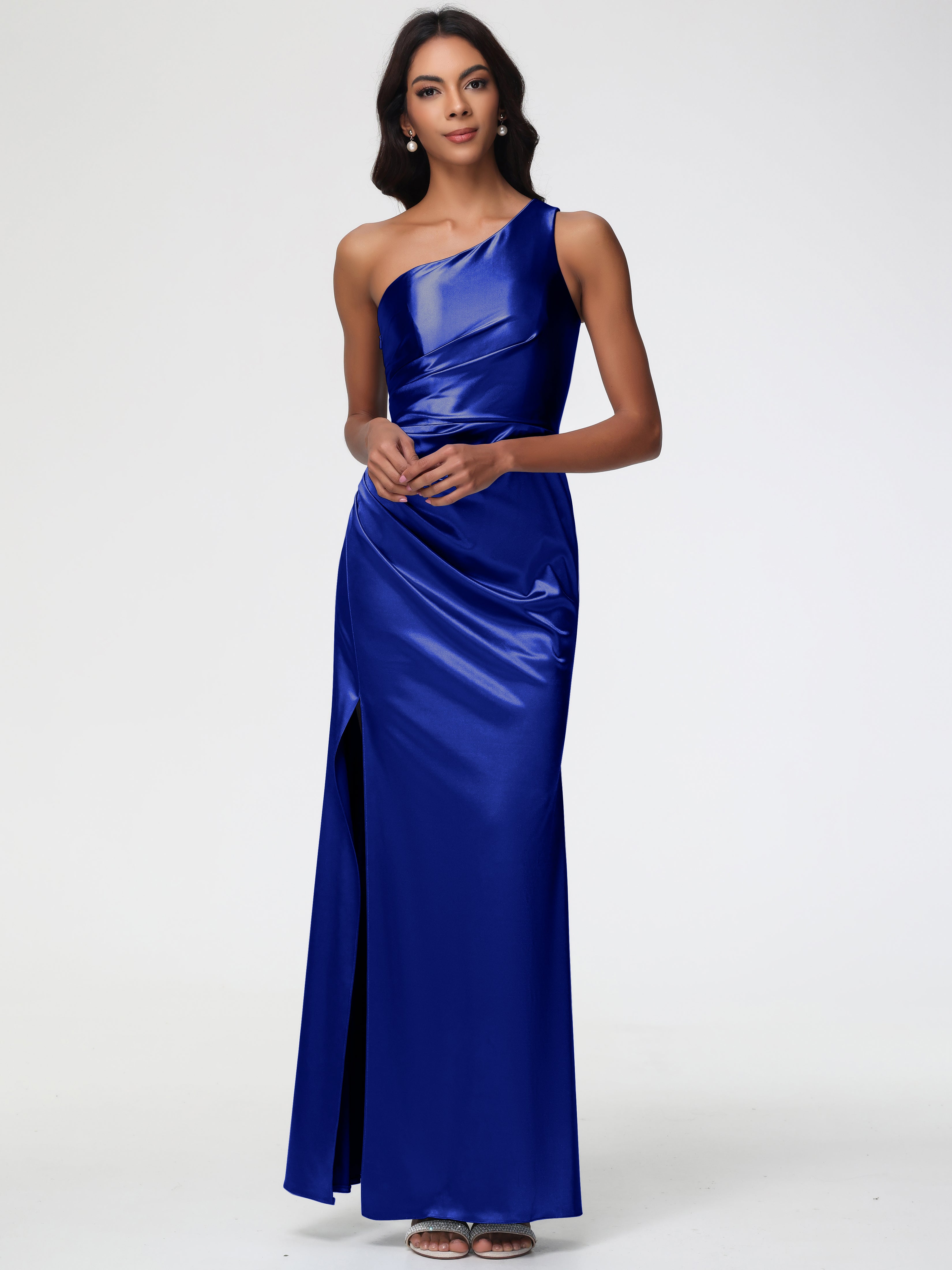 Long Royal Blue Prom Dresses One Shoulder Ruched Sleeveless Sheath/Col Long Royal Blue Prom Dresses One Shoulder Ruched Sleeveless Sheath/Col