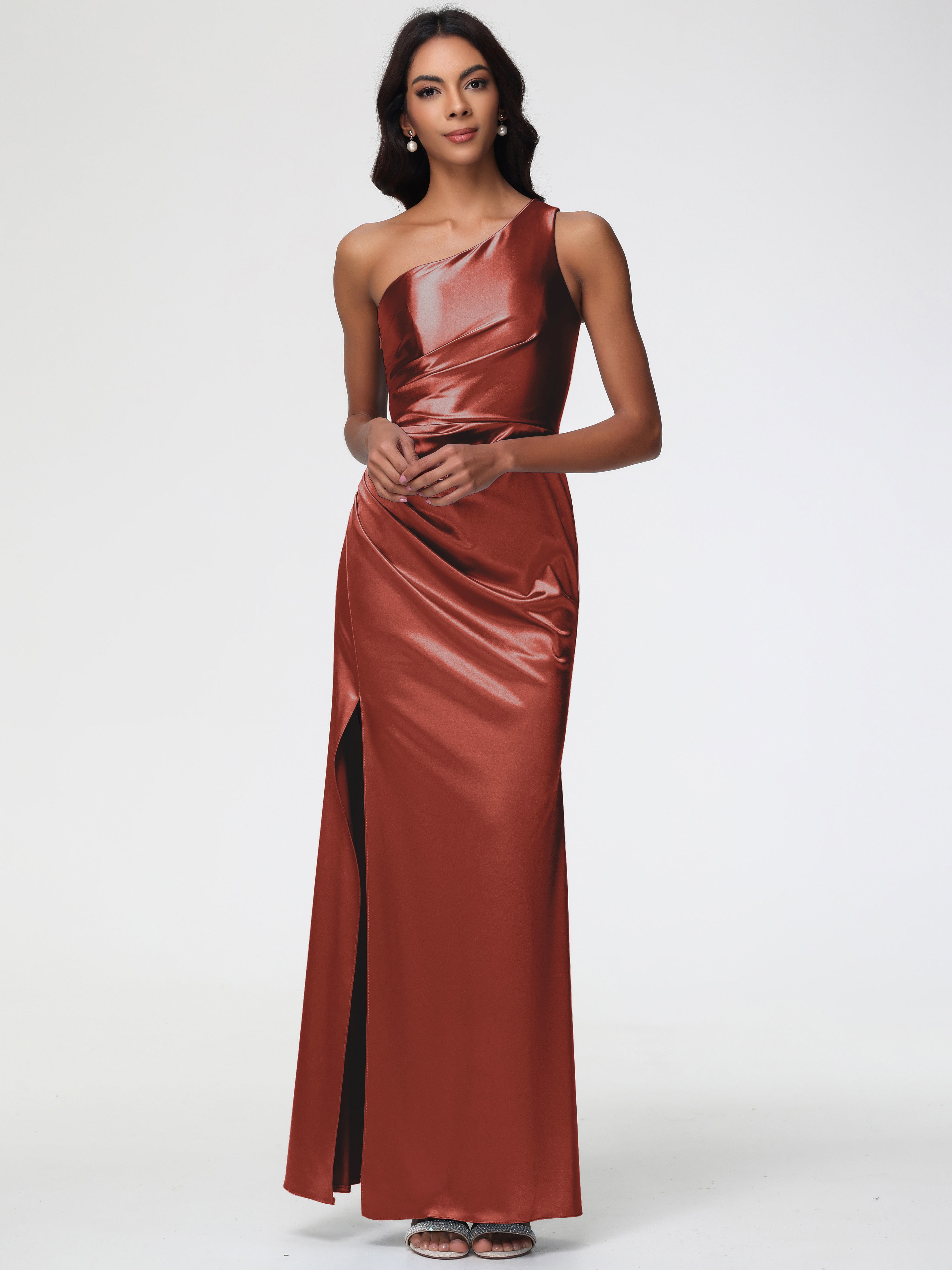sleeveless ruched prom dress V-Neck Sleeveless Ruched High Slit Sheath Prom Dress Liymc