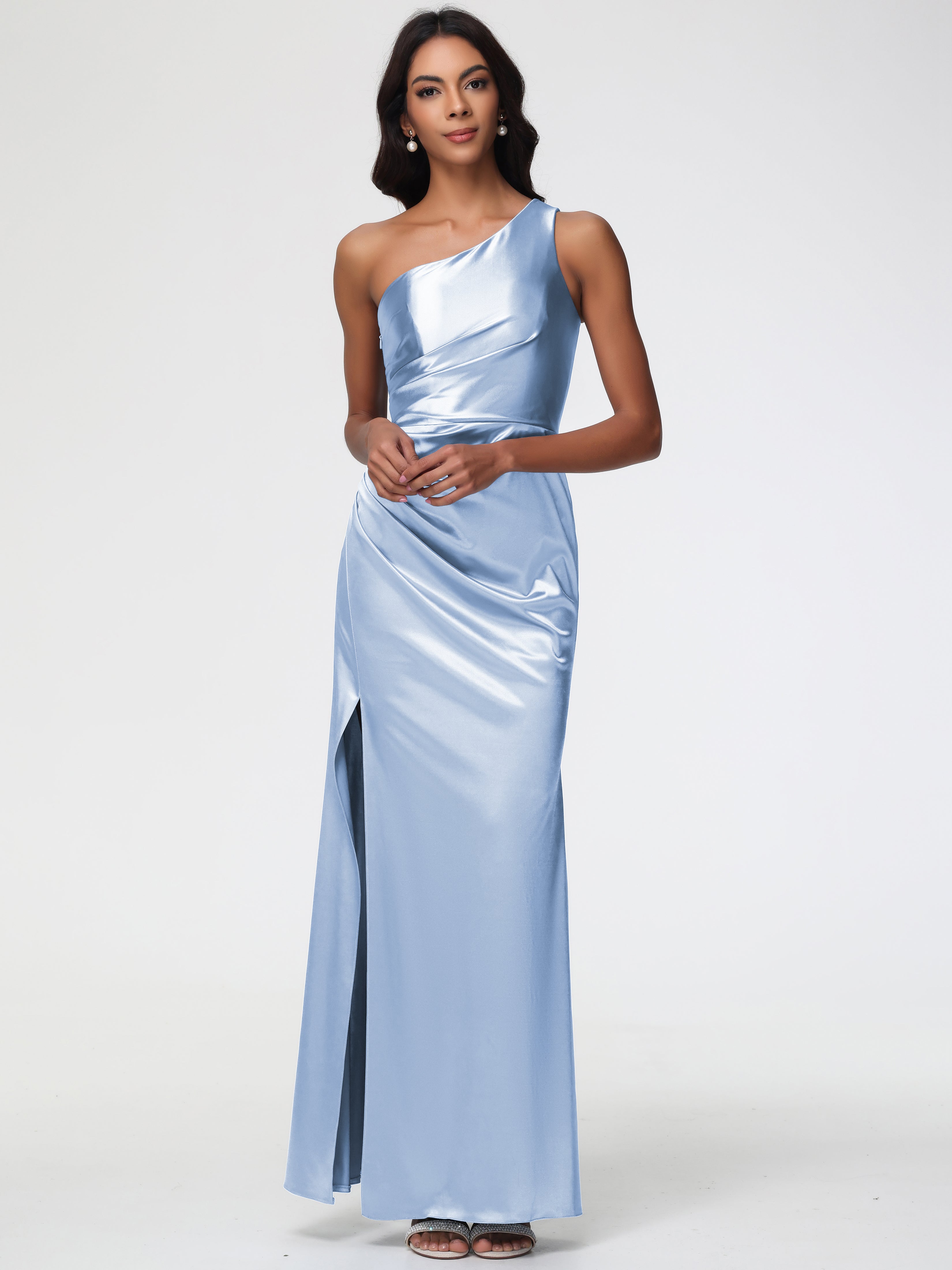 Bridesmaid Dress Sky Blue One Shoulder Ruched Sleeveless Sheath/Column Floor Length Bridesmaid Dresses With Slit