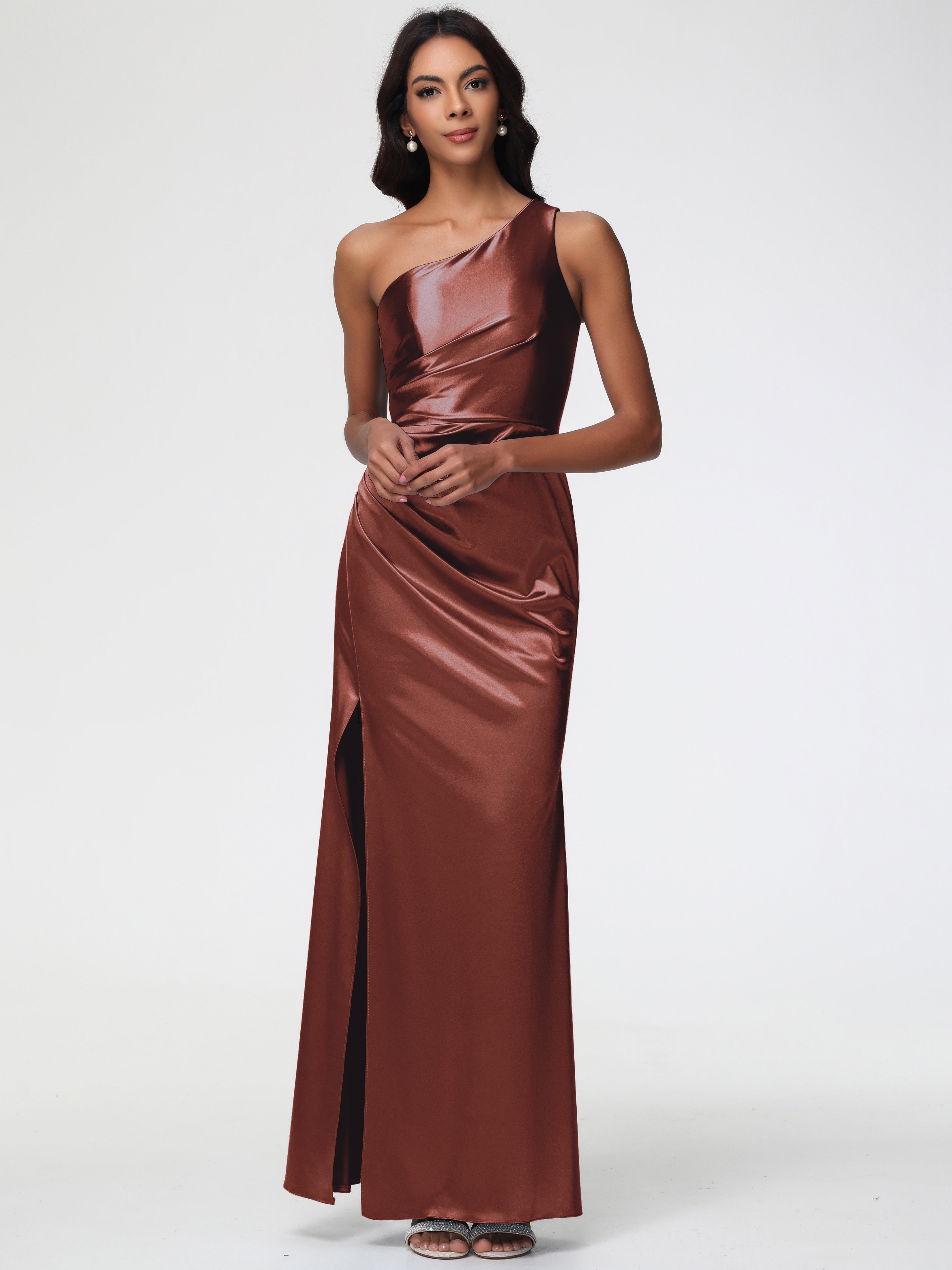 Dark Terracotta Bridesmaid Dresses One Shoulder Ruched Sleeveless Sheath/Column Floor Length Bridesmaid Dresses With Slit Dark Terracotta Bridesmaid Dresses One Shoulder Ruched Sleeveless Sheath/Column Floor Length Bridesmaid Dresses With Slit