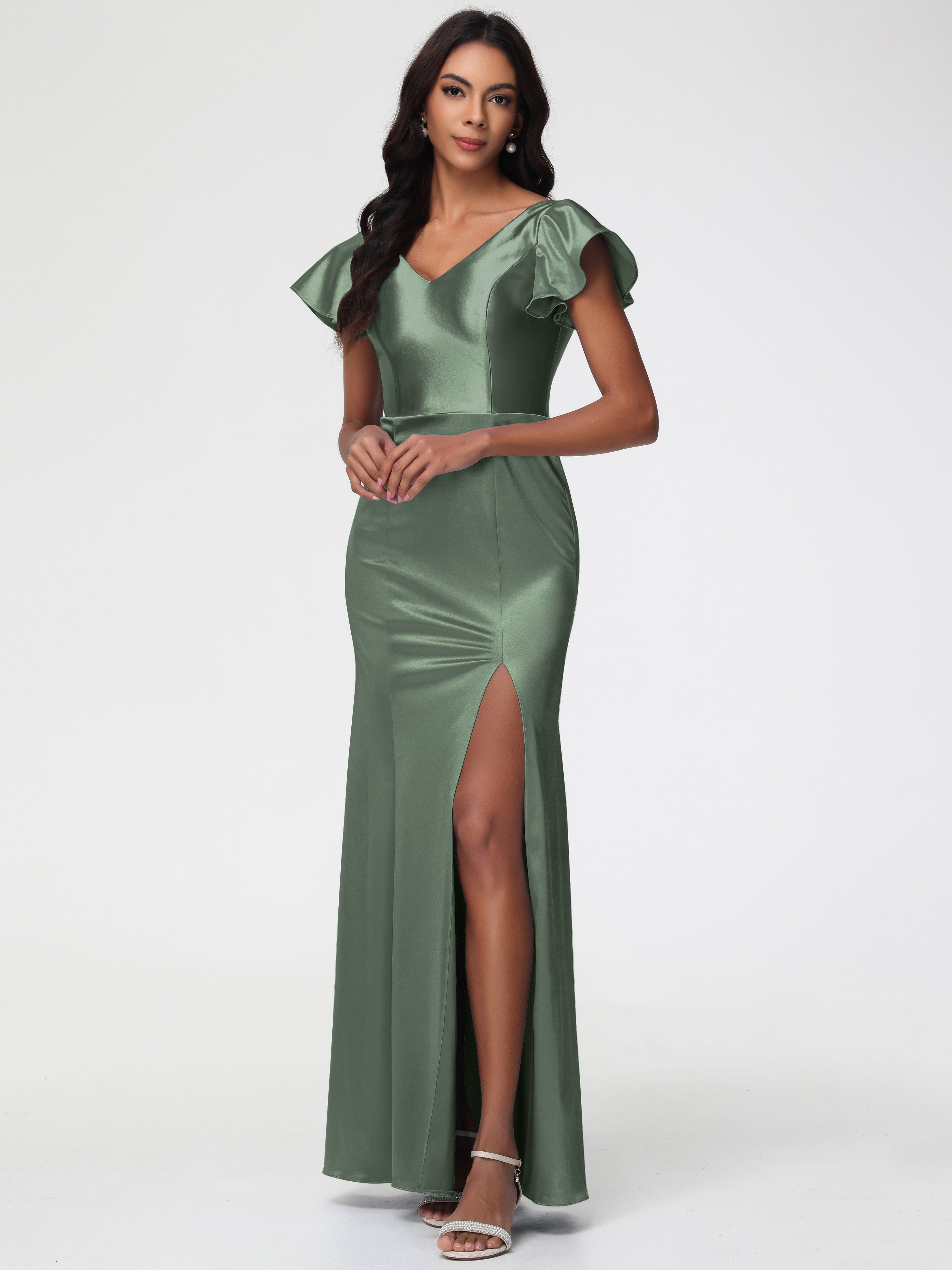 Boho Olive Green Formal Dress Trumpet/Mermaid Short Sleeve V-Neck Floo