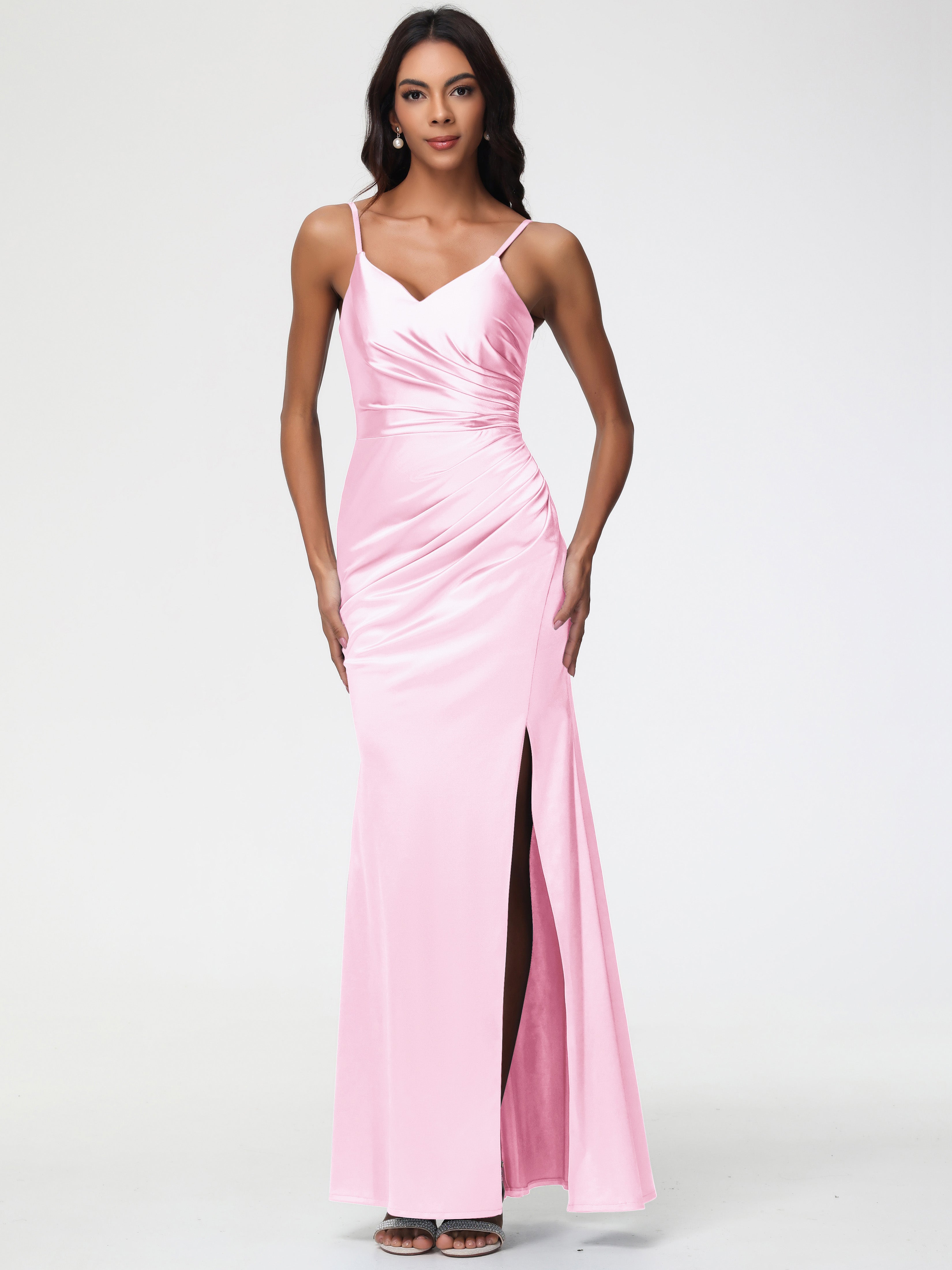 blush pink silk bridesmaid dresses Pink Silk Satin Floor Length Bridesmaid Dresses, Wedding Party Dresses, MBD209