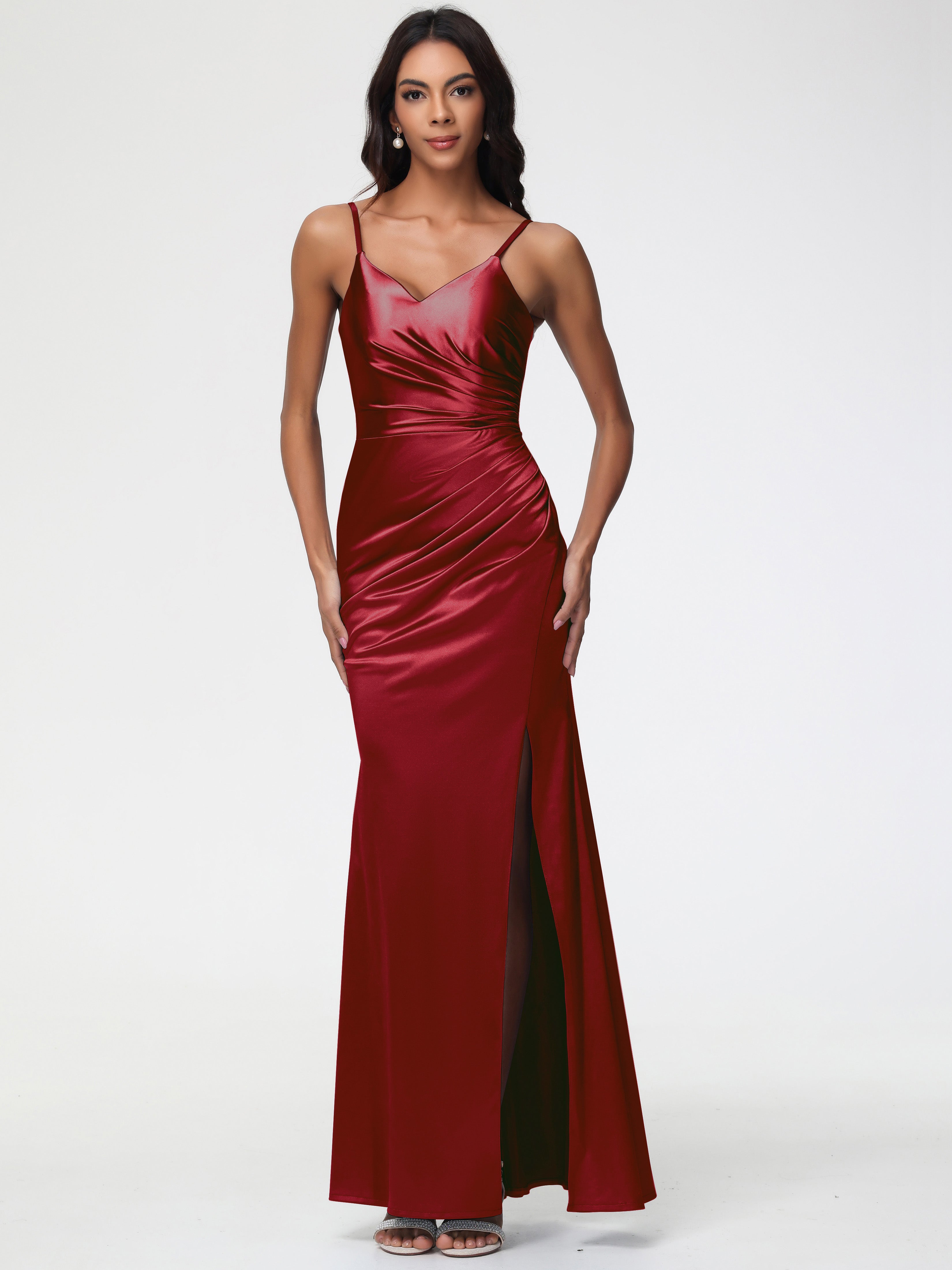 Satin Burgundy Prom Dresses Spaghetti Straps V-Neck Sleeveless Pleats Zipper Stretch Satin Prom Dresses With Split