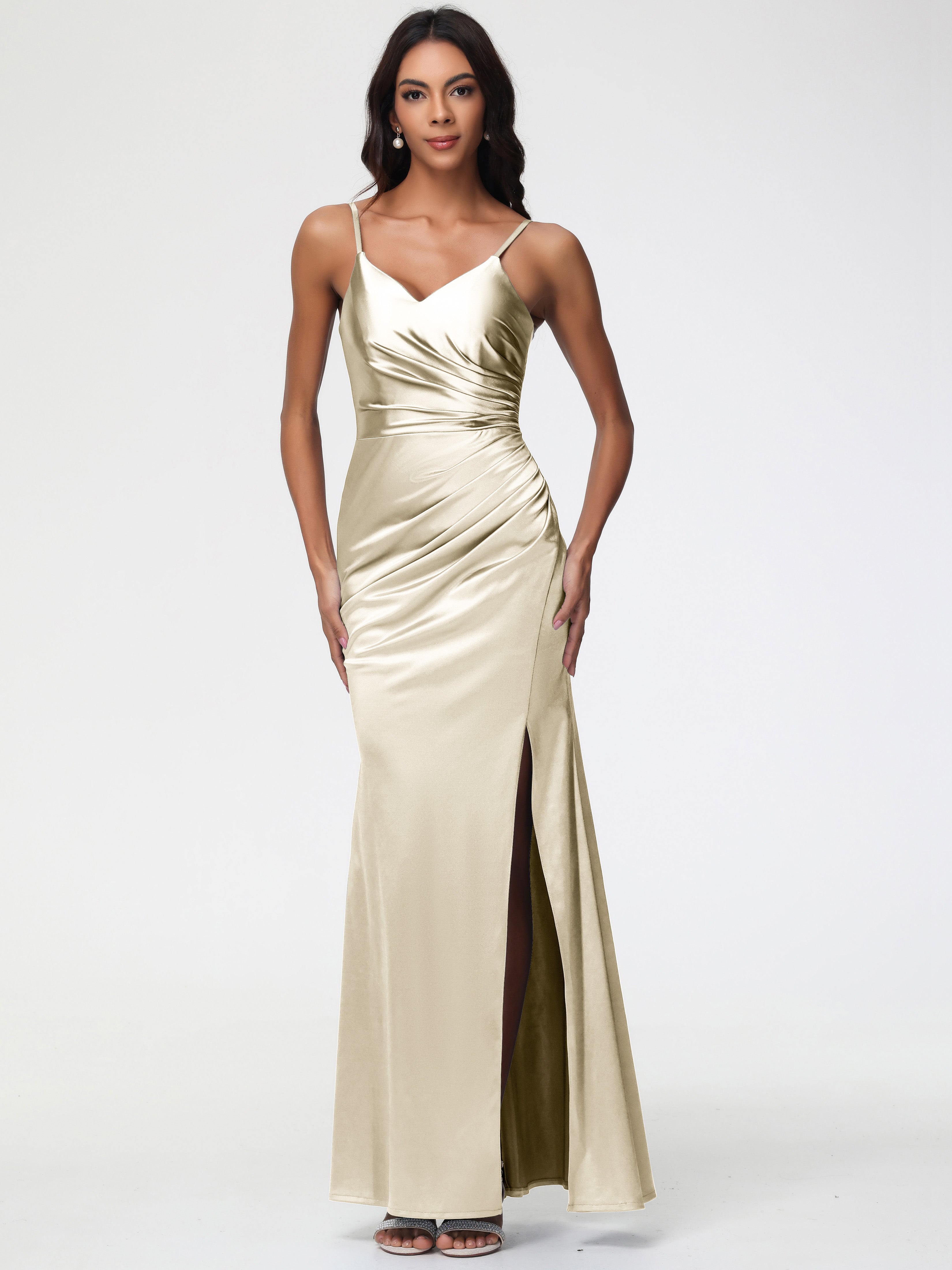 Champagne Satin Formal Dresses Spaghetti Straps V-Neck Sleeveless Pleats Zipper Stretch Satin Formal Dresses With Split