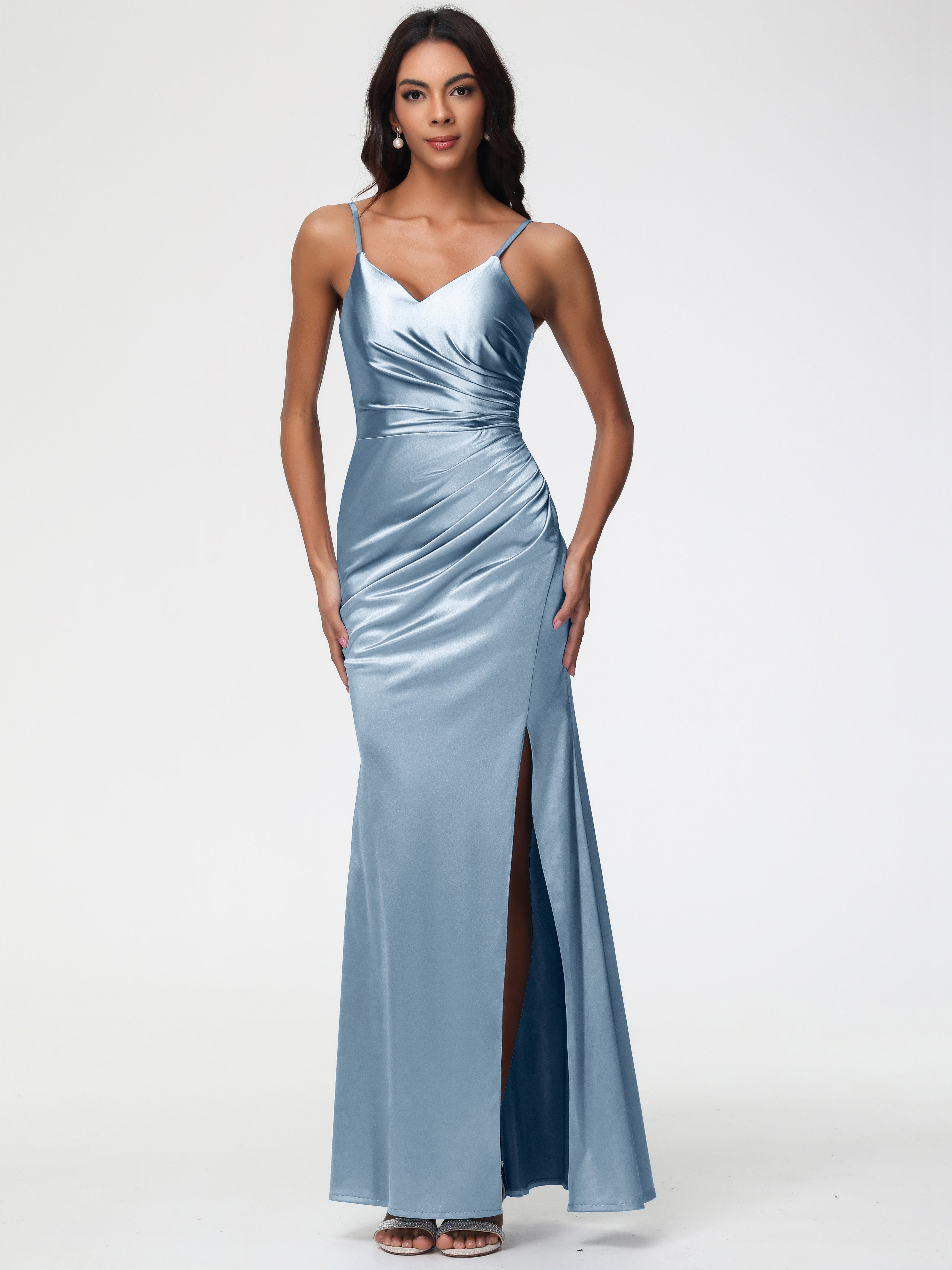 Dusty Blue Prom Dress Spaghetti Straps V-Neck Sleeveless Pleats Zipper Dusty Blue Prom Dress Spaghetti Straps V-Neck Sleeveless Pleats Zipper