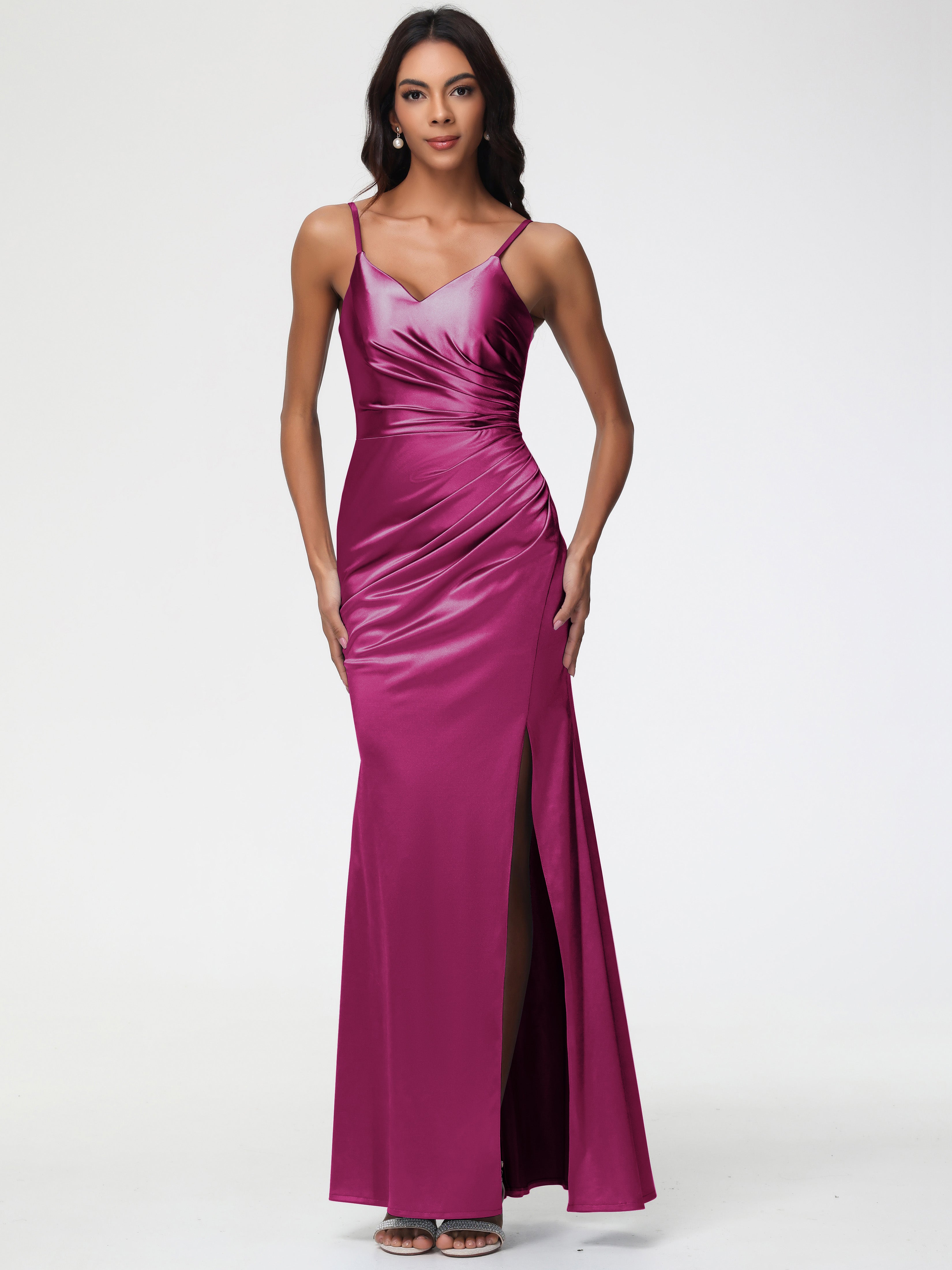 fuchsia dresses formal Bright Pink Long Prom Dress CA110 high side slit and a dramatic small train Fuchsia Color Formal Dresses Spaghetti