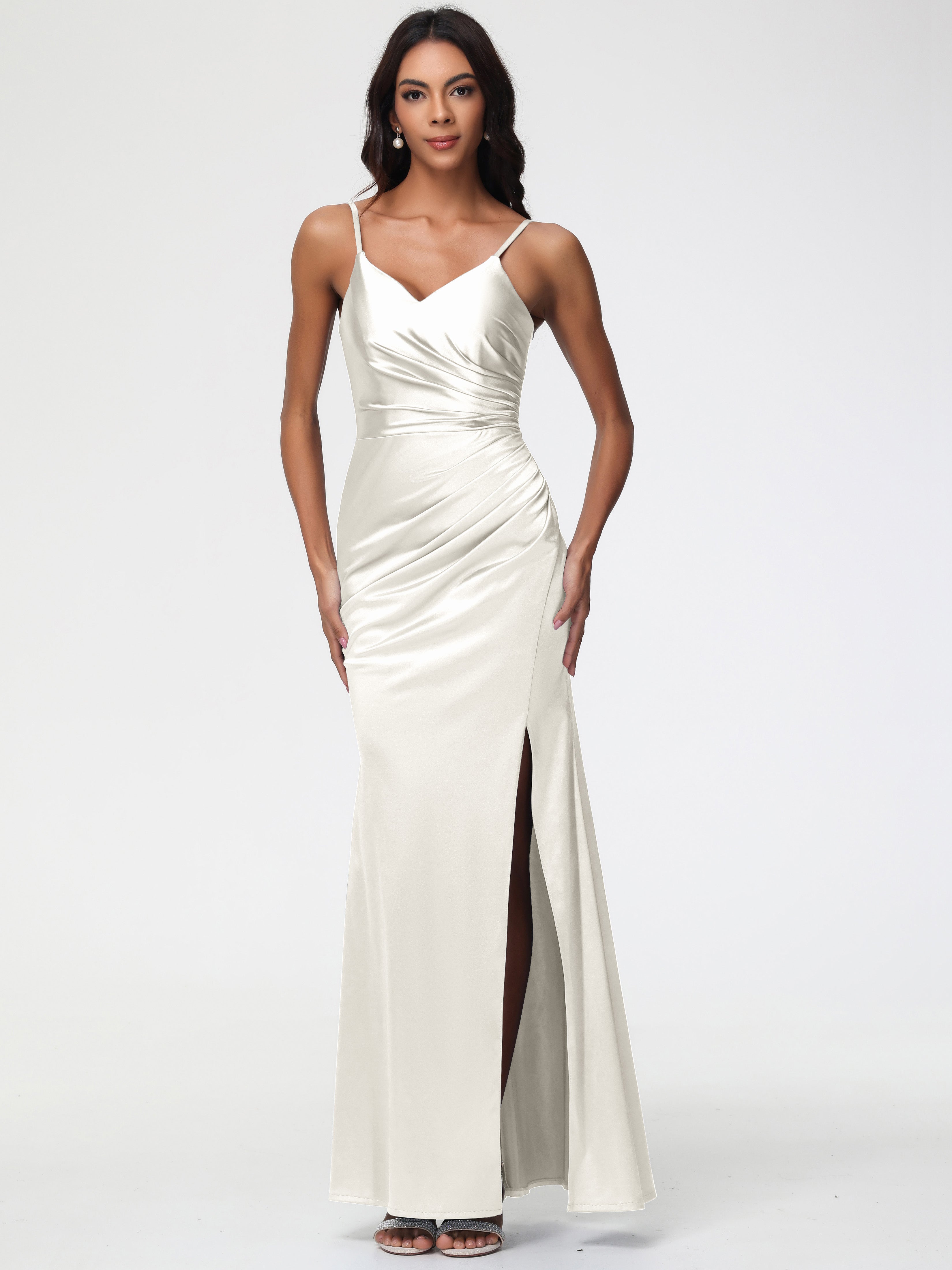 Formal Dresses Ivory Spaghetti Straps V-Neck Sleeveless Pleats Zipper Stretch Satin Formal Dresses With Split Formal Dresses Ivory Spaghetti Straps V-Neck Sleeveless Pleats Zipper Stretch Satin Formal Dresses With Split