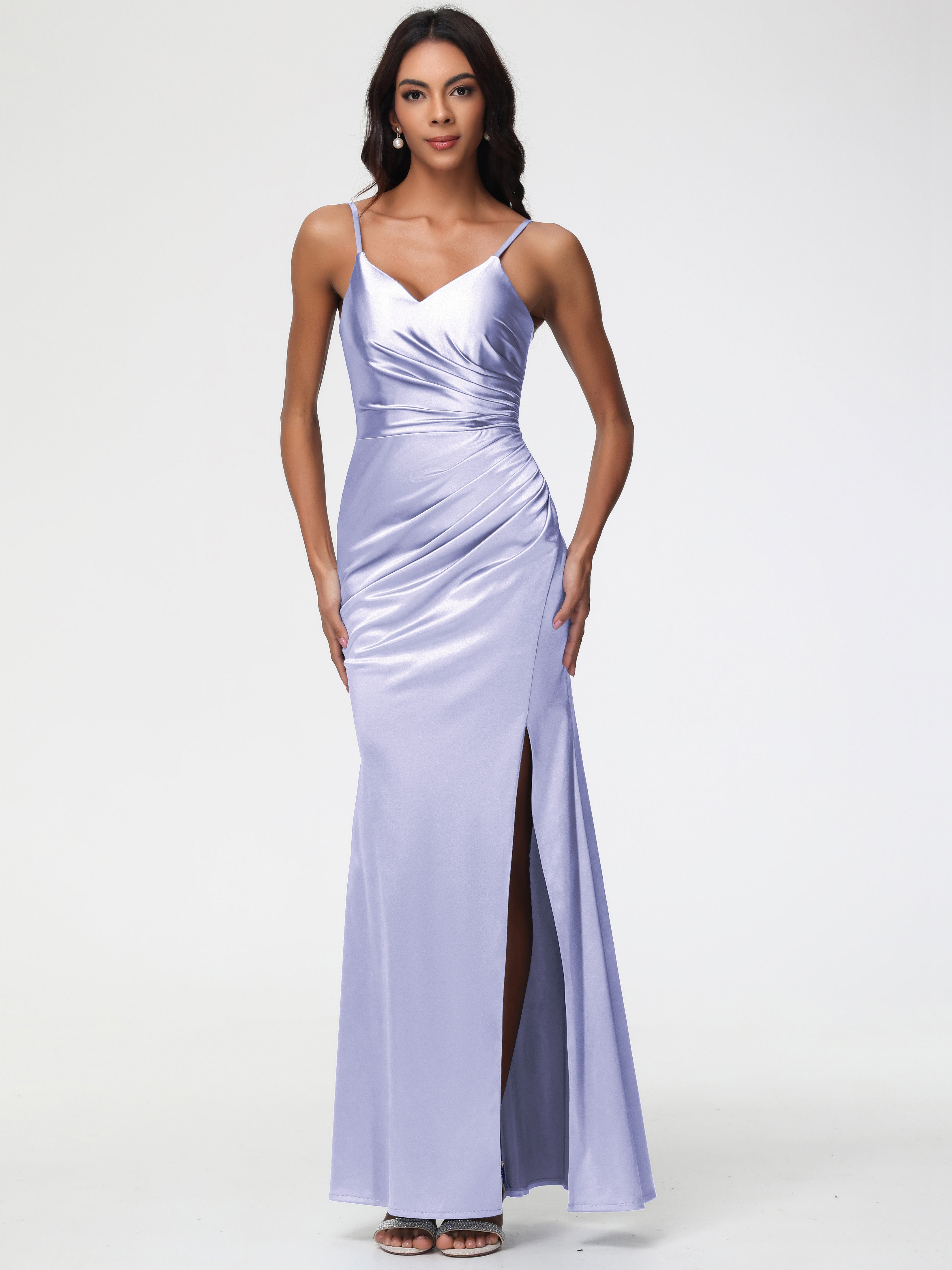 Elegant Lavender Formal Dresses Spaghetti Straps V-Neck Sleeveless Pleats Zipper Stretch Satin Formal Dresses With Split Elegant Lavender Formal Dresses Spaghetti Straps V-Neck Sleeveless Pleats Zipper Stretch Satin Formal Dresses With Split