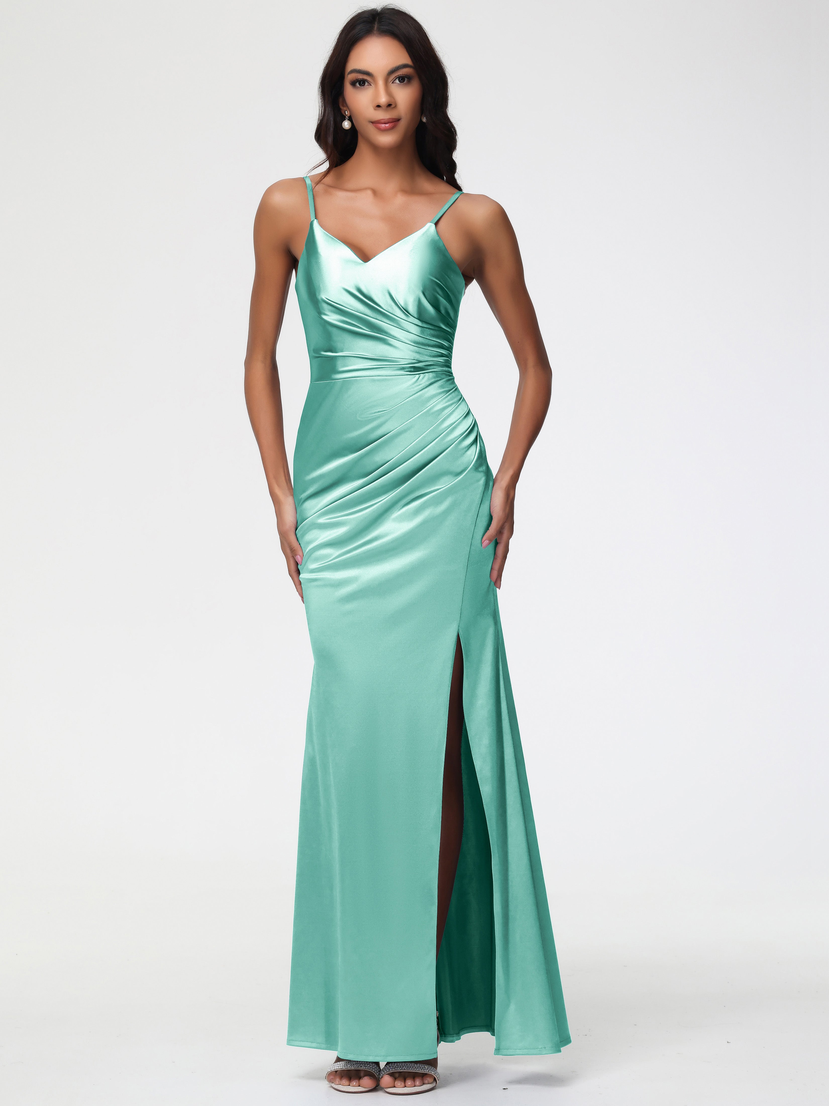 Mint Green Formal Dresses Spaghetti Straps V-Neck Sleeveless Pleats Zipper Stretch Satin Formal Dresses With Split Mint Green Formal Dresses Spaghetti Straps V-Neck Sleeveless Pleats Zipper Stretch Satin Formal Dresses With Split