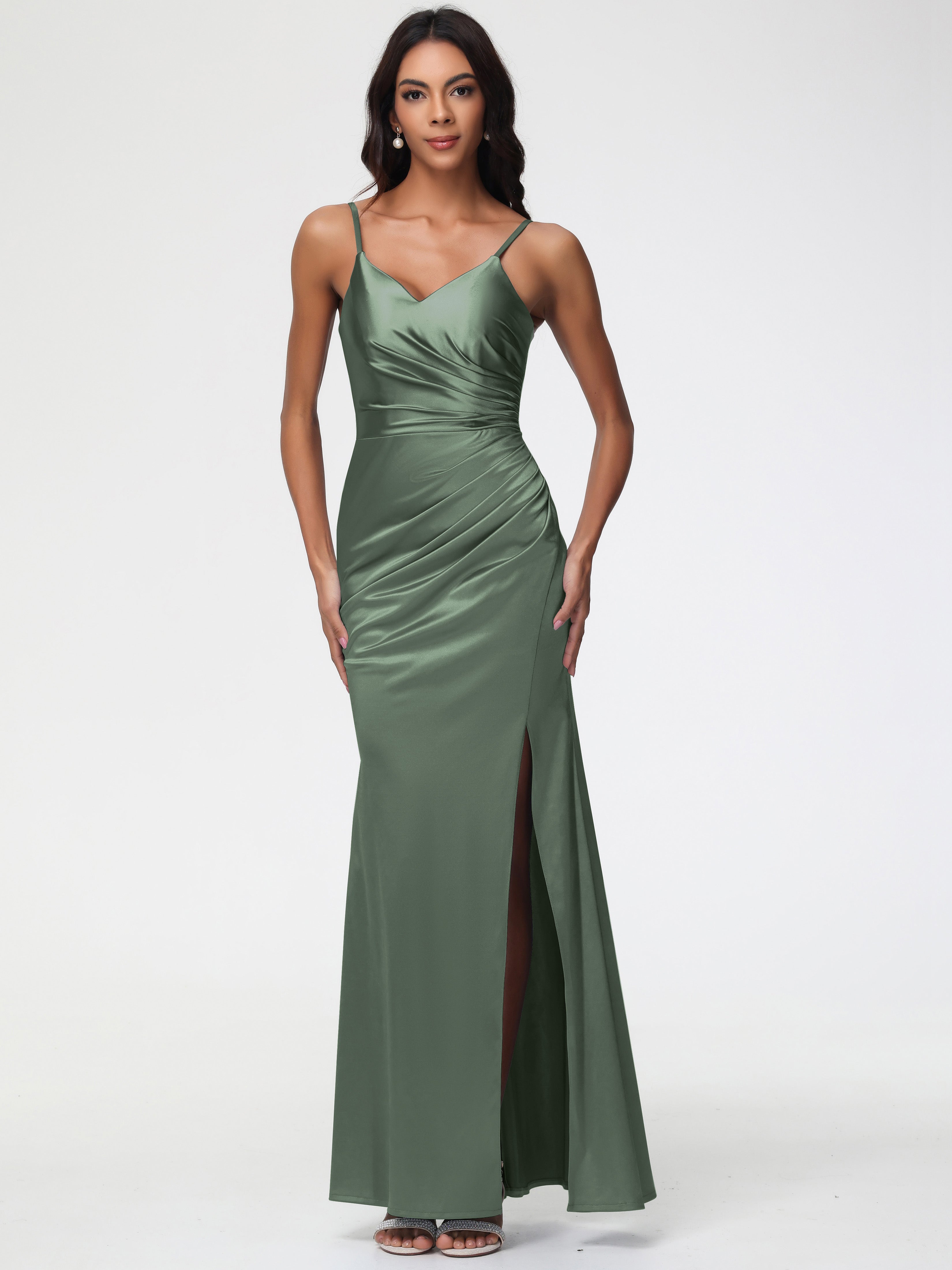 formal dress olive green Formal Dresses Olive Green Spaghetti Straps V-Neck Sleeveless Pleats Zipper Stretch Satin Formal Dresses With Split