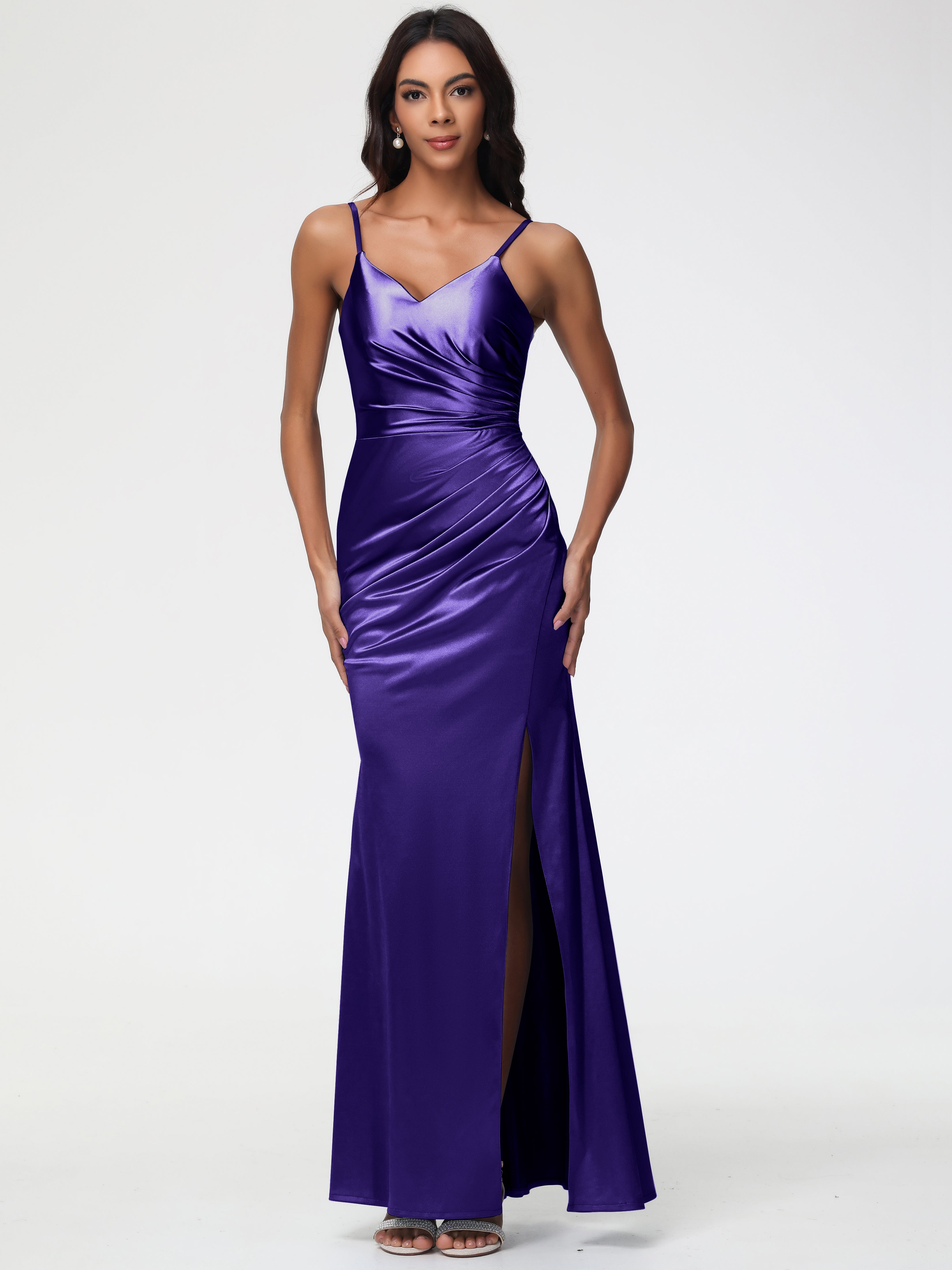 plum satin prom dress Purple Satin A-line Spaghetti Straps Prom Dresses With Pockets, Party Dress, MP775