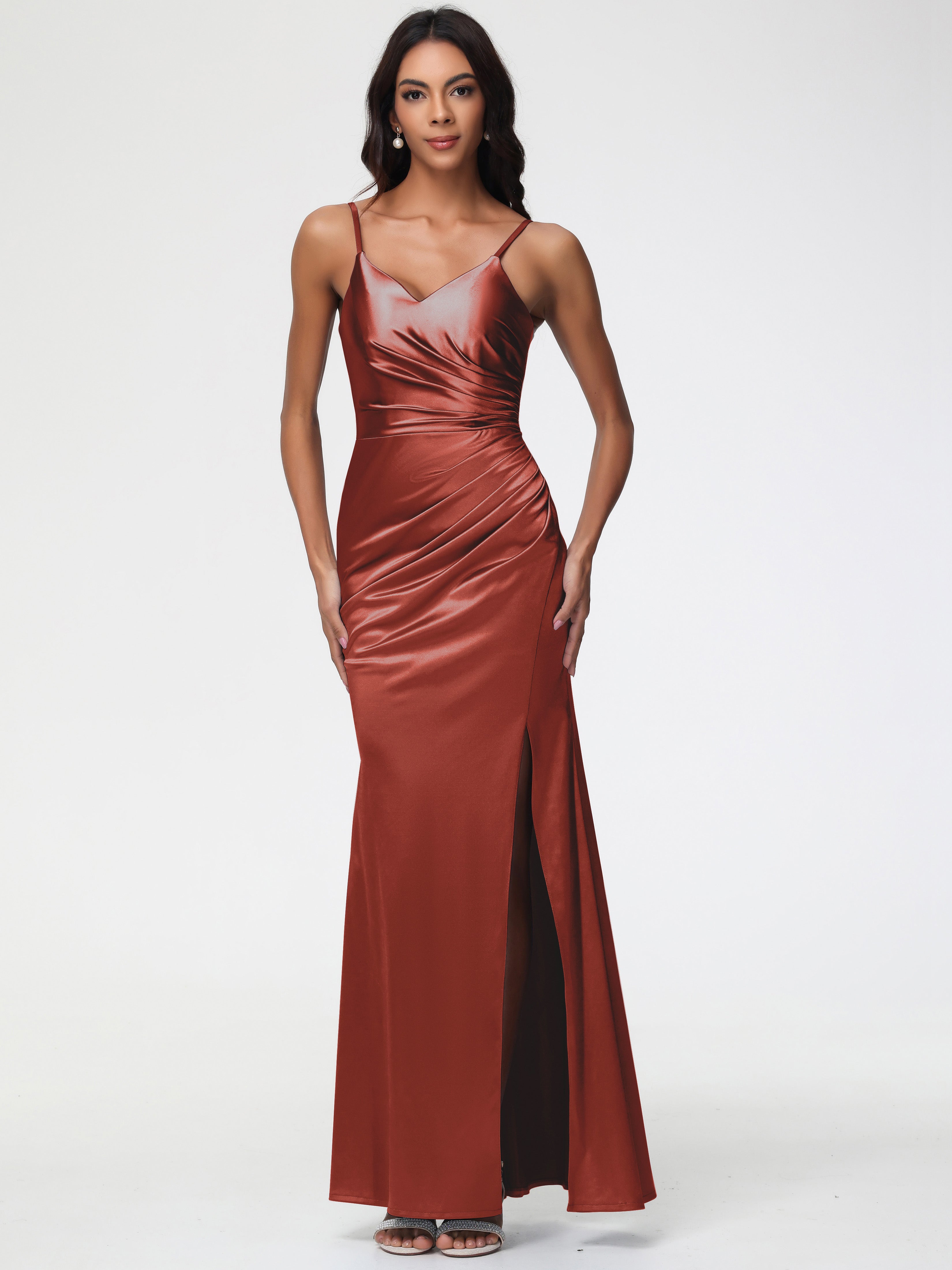 Satin Rust Bridesmaid Dress Spaghetti Straps V-Neck Sleeveless Pleats Zipper Stretch Satin Bridesmaid Dresses With Split Satin Rust Bridesmaid Dress Spaghetti Straps V-Neck Sleeveless Pleats Zipper Stretch Satin Bridesmaid Dresses With Split