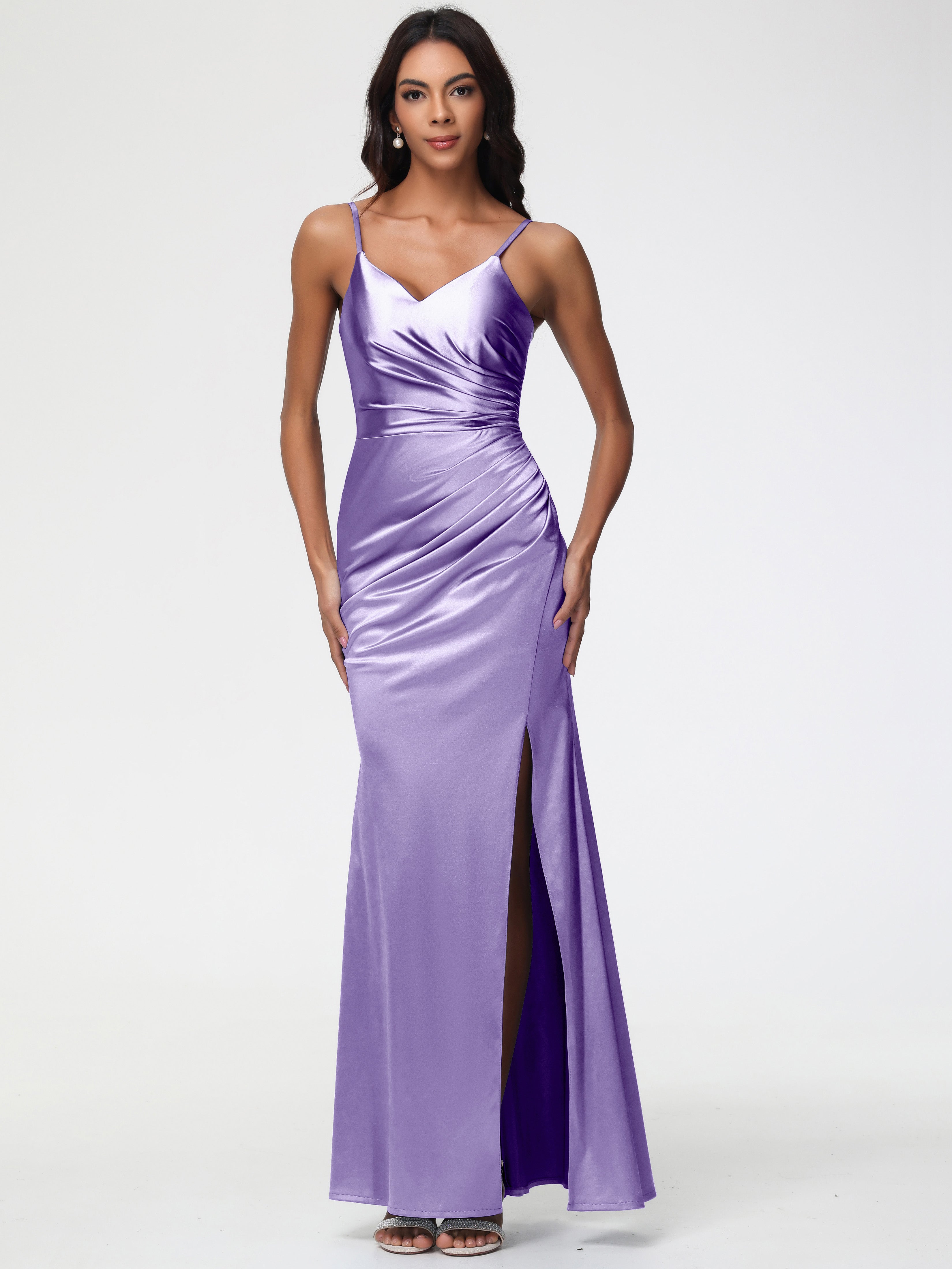 Tahiti Color Formal Dress Spaghetti Straps V-Neck Sleeveless Pleats Zipper Stretch Satin Formal Dresses With Split Tahiti Color Formal Dress Spaghetti Straps V-Neck Sleeveless Pleats Zipper Stretch Satin Formal Dresses With Split