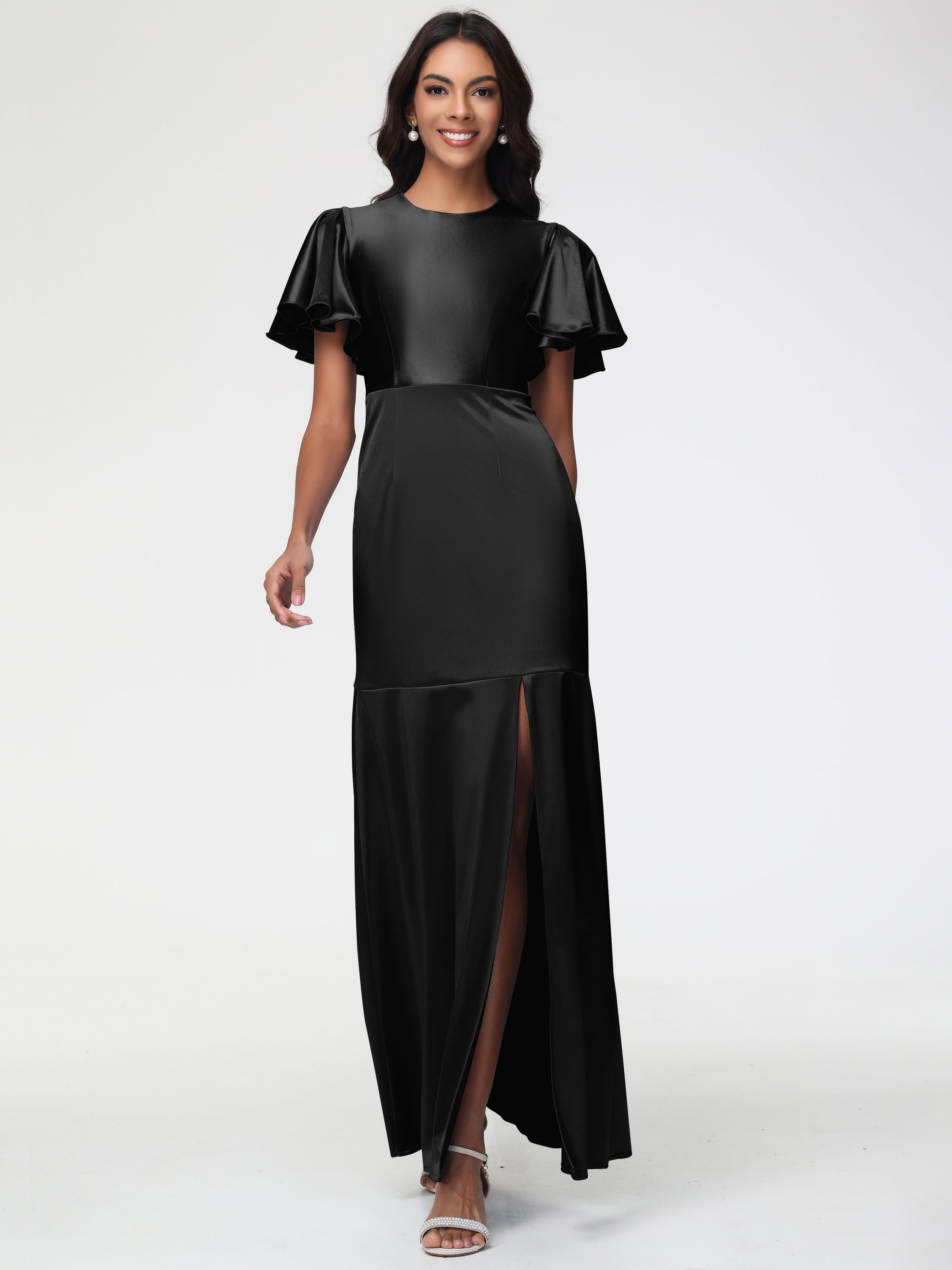 Girls Black Bridesmaid Dress Short Sleeves Trumpet/Mermaid Zipper Split Long Stretch Satin Bridesmaid Dresses Girls Black Bridesmaid Dress Short Sleeves Trumpet/Mermaid Zipper Split Long Stretch Satin Bridesmaid Dresses