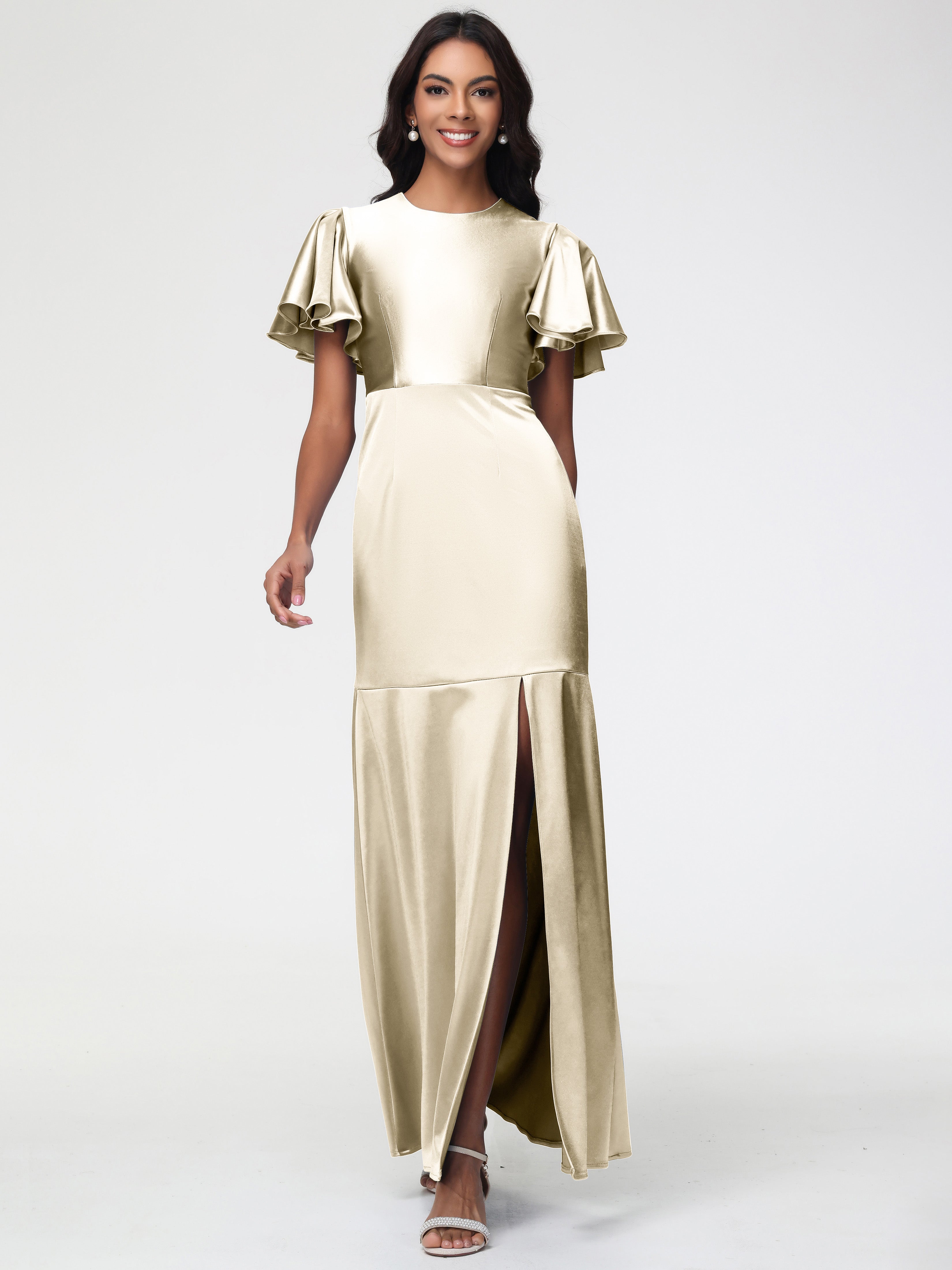 Champagne Bridesmaid Dresses With Sleeves Short Sleeves Trumpet/Mermaid Zipper Split Long Stretch Satin Bridesmaid Dresses Champagne Bridesmaid Dresses With Sleeves Short Sleeves Trumpet/Mermaid Zipper Split Long Stretch Satin Bridesmaid Dresses