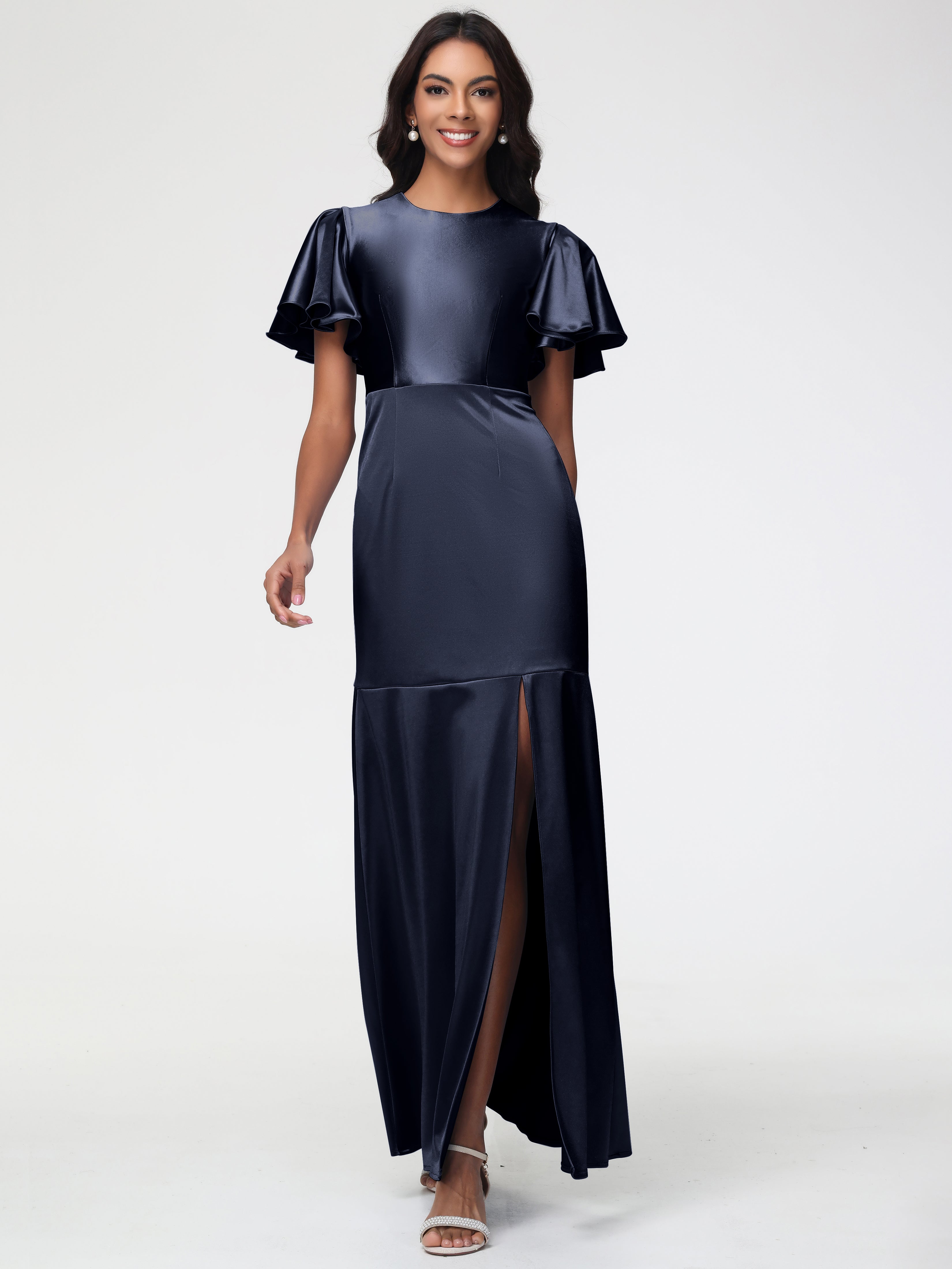 Navy Formal Dresses With Sleeves Short Sleeves Trumpet/Mermaid Zipper Navy Formal Dresses With Sleeves Short Sleeves Trumpet/Mermaid Zipper