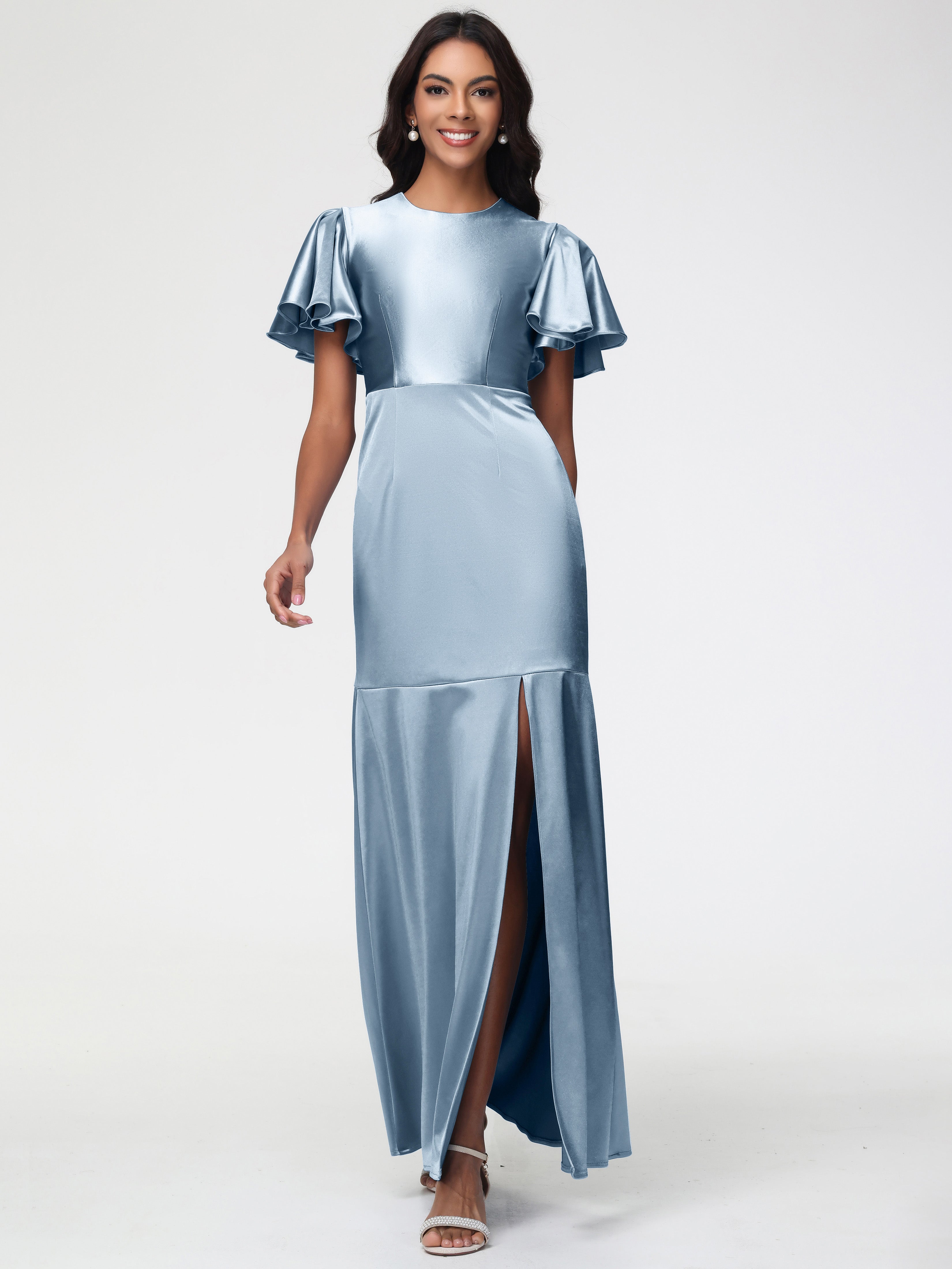 Dusty Blue Formal Dresses With Sleeves Short Sleeves Trumpet/Mermaid Z Dusty Blue Formal Dresses With Sleeves Short Sleeves Trumpet/Mermaid Z