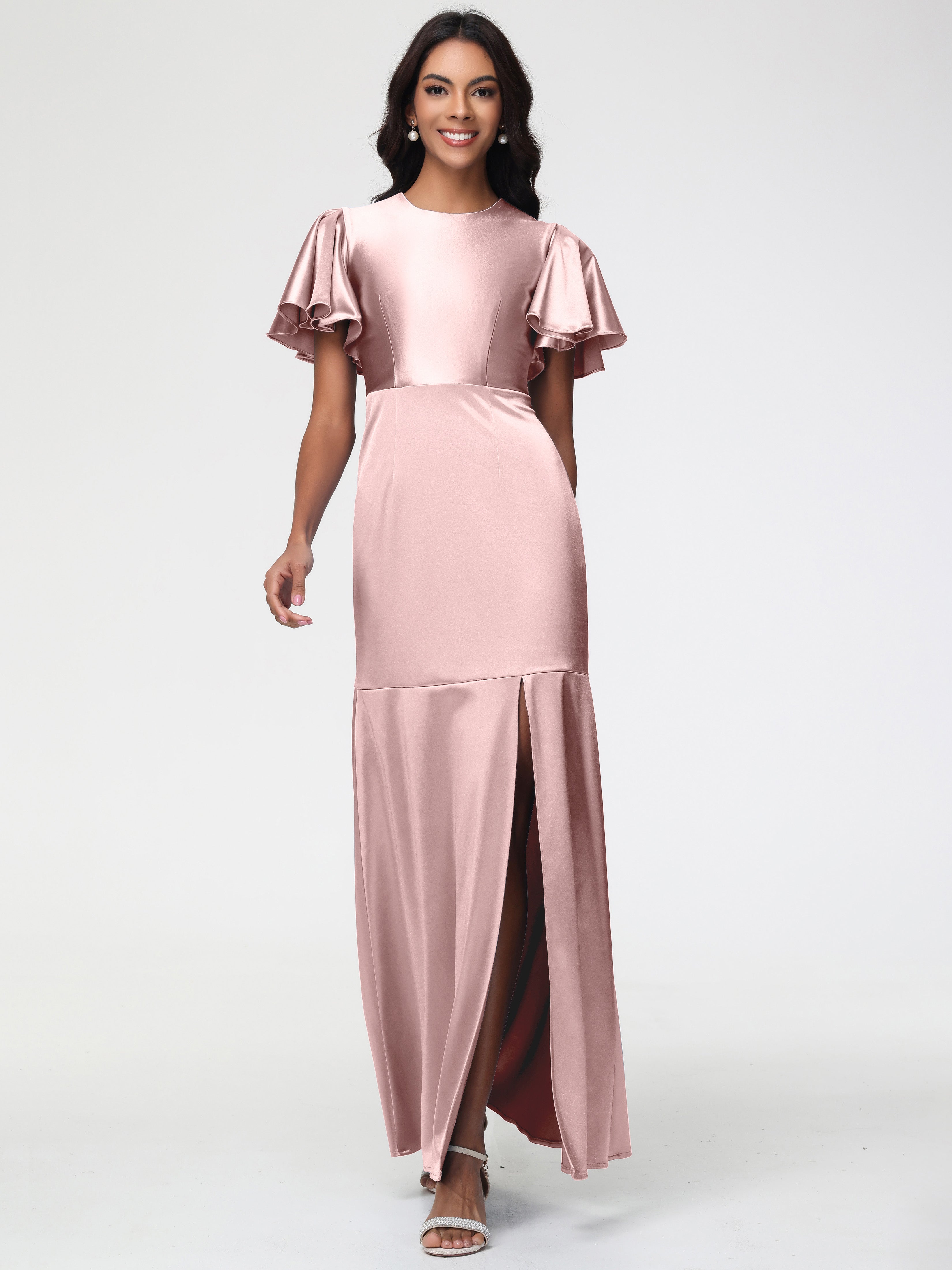 Dusty Rose Bridesmaid Dresses With Sleeves Short Sleeves Trumpet/Mermaid Zipper Split Long Stretch Satin Bridesmaid Dresses