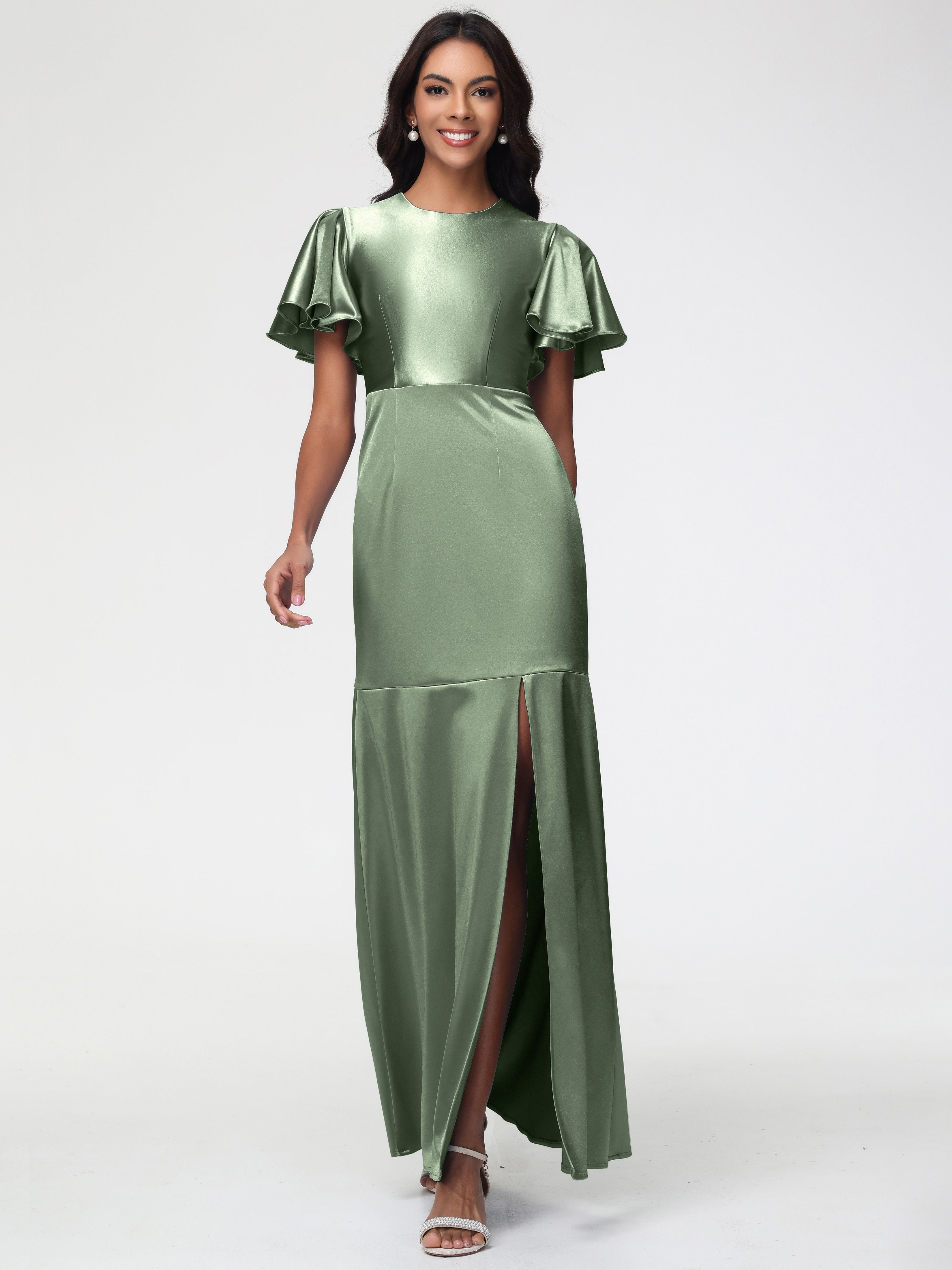 Dusty Sage Green Prom Dresses Short Sleeves Trumpet/Mermaid Zipper Spl Dusty Sage Green Prom Dresses Short Sleeves Trumpet/Mermaid Zipper Spl