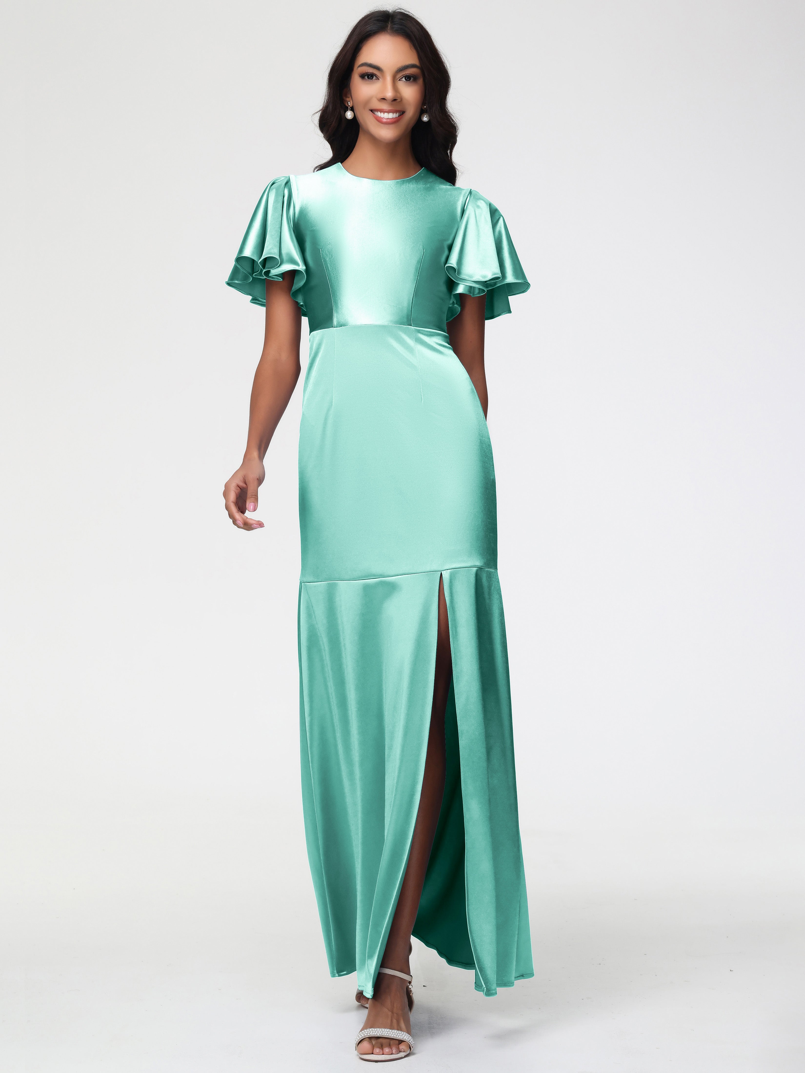 Mint Green Formal Dresses With Sleeves Short Sleeves Trumpet/Mermaid Zipper Split Long Stretch Satin Formal Dresses Mint Green Formal Dresses With Sleeves Short Sleeves Trumpet/Mermaid Zipper Split Long Stretch Satin Formal Dresses