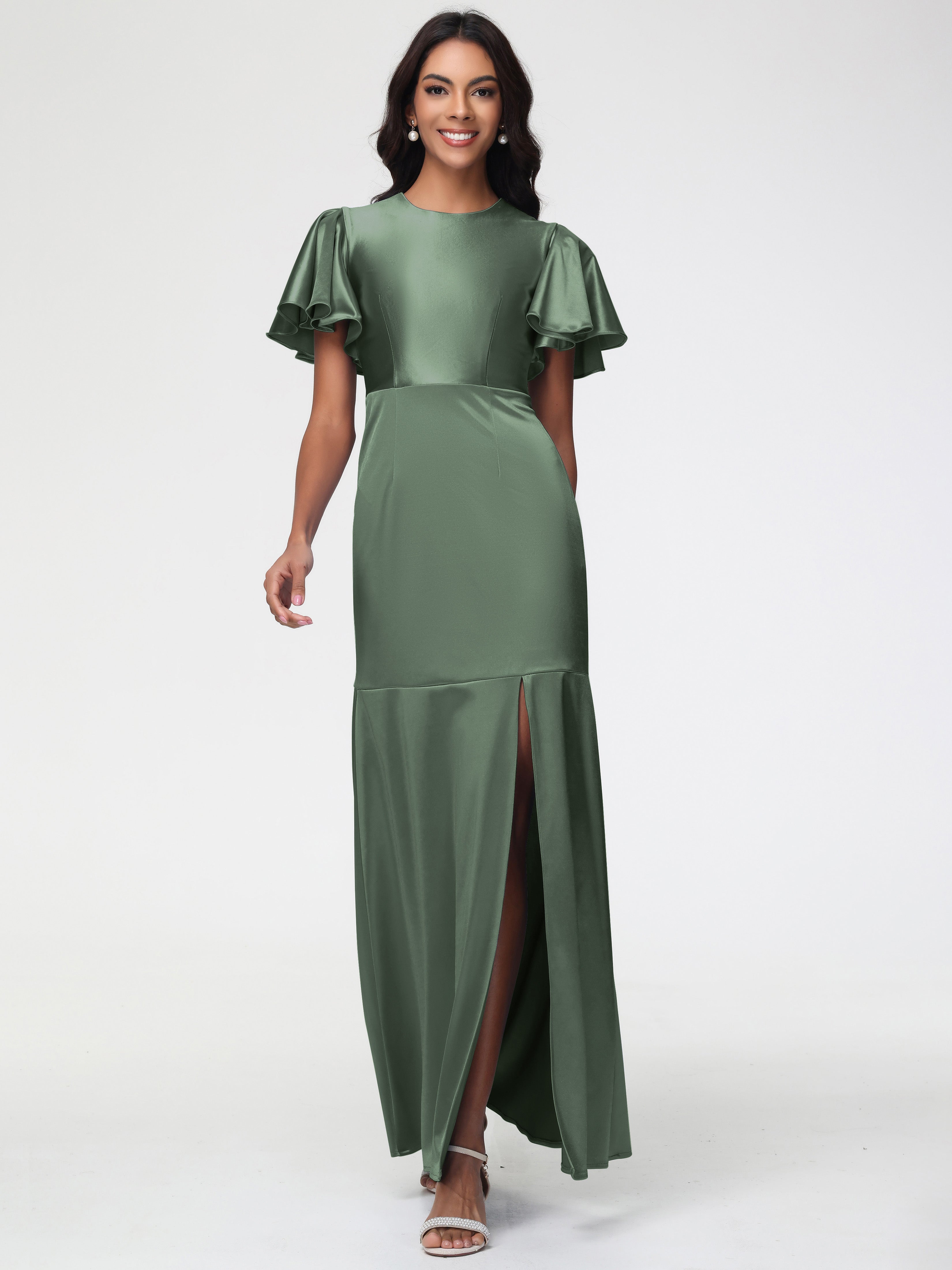Olive Green Formal Dresses With Sleeves Short Sleeves Trumpet/Mermaid