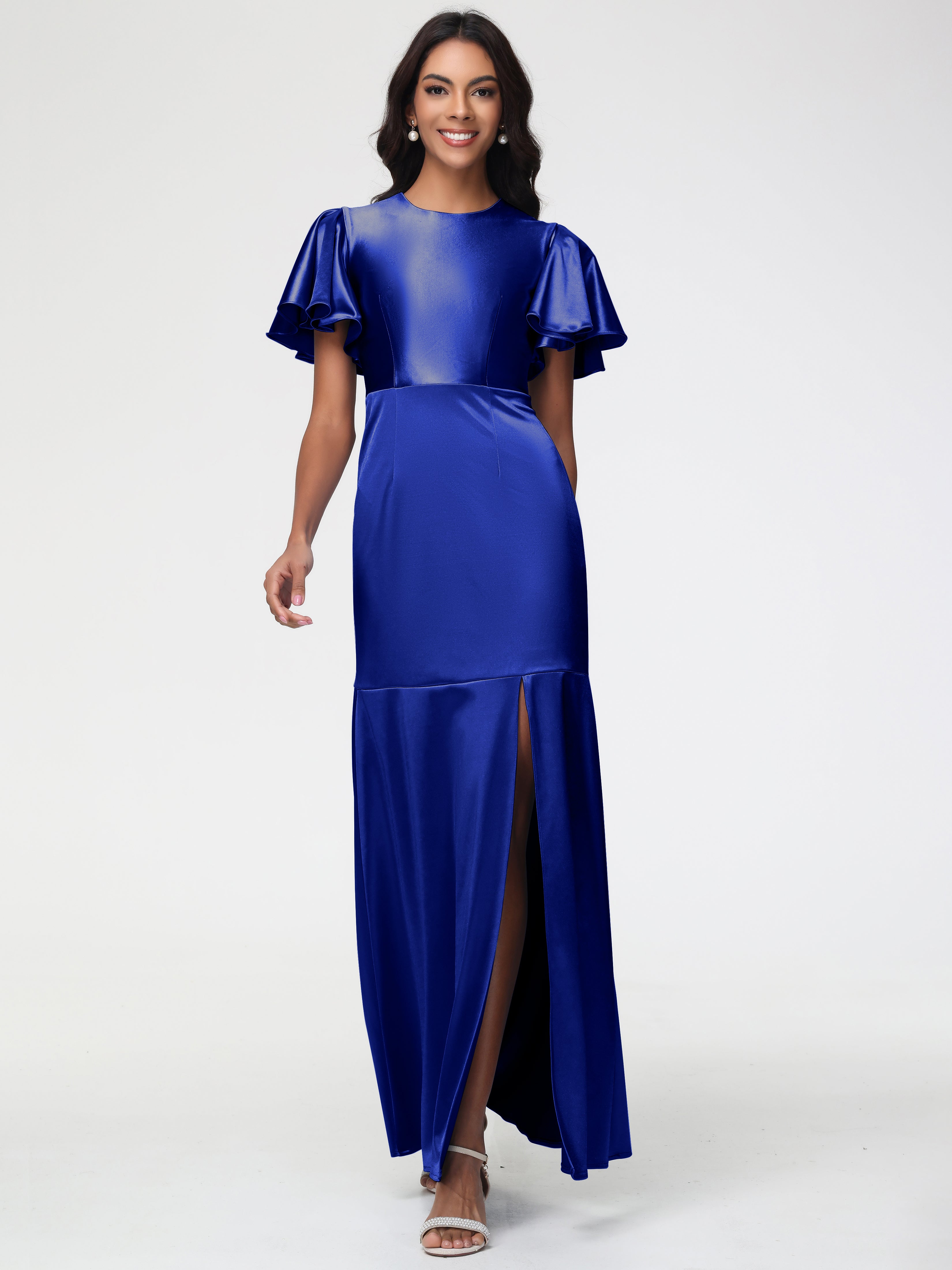 Royal Blue Prom Dresses With Sleeves Short Sleeves Trumpet/Mermaid Zipper Split Long Stretch Satin Prom Dresses Royal Blue Prom Dresses With Sleeves Short Sleeves Trumpet/Mermaid Zipper Split Long Stretch Satin Prom Dresses