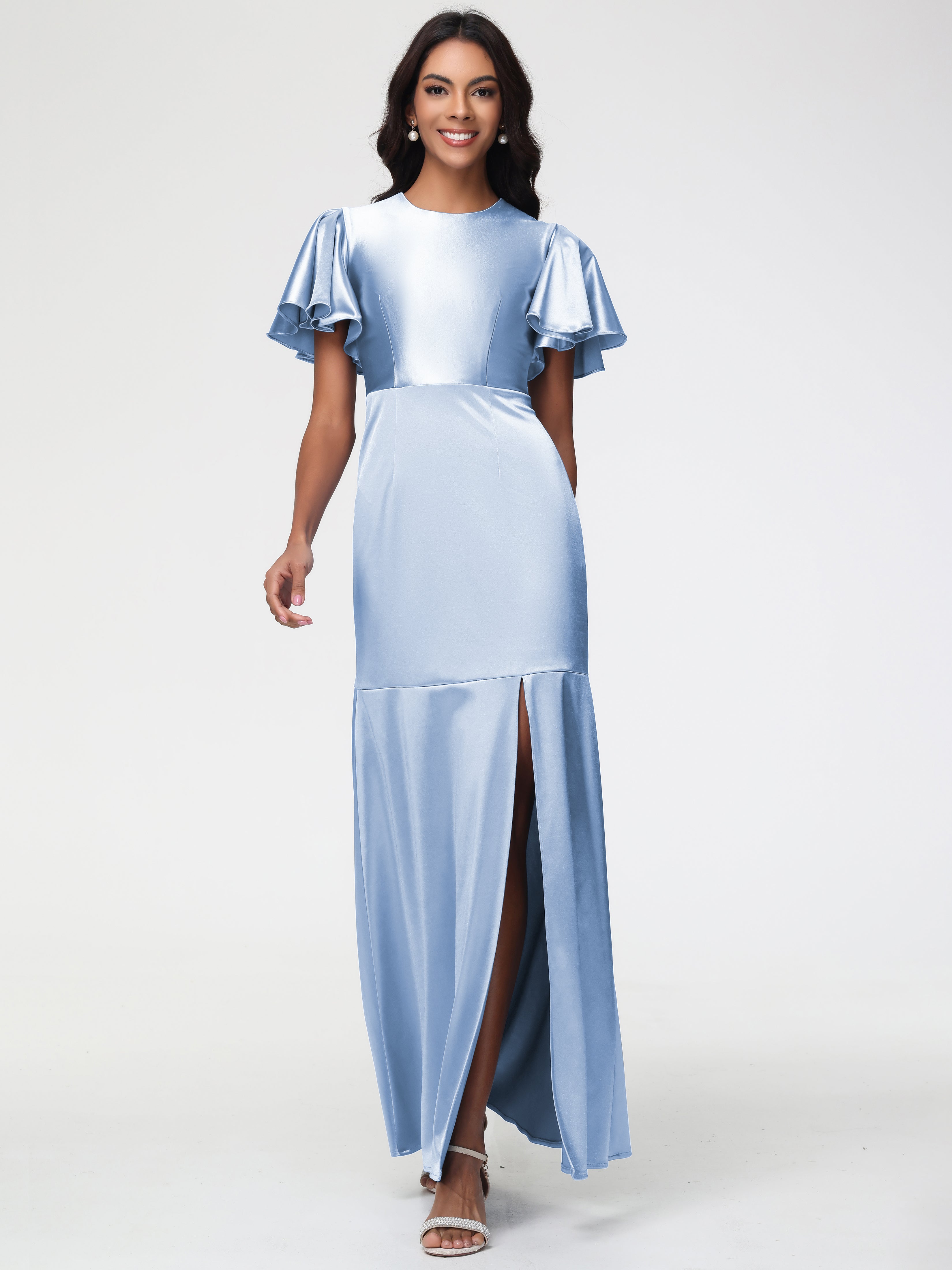 Sky Blue Formal Dress Short Sleeves Trumpet/Mermaid Zipper Split Long