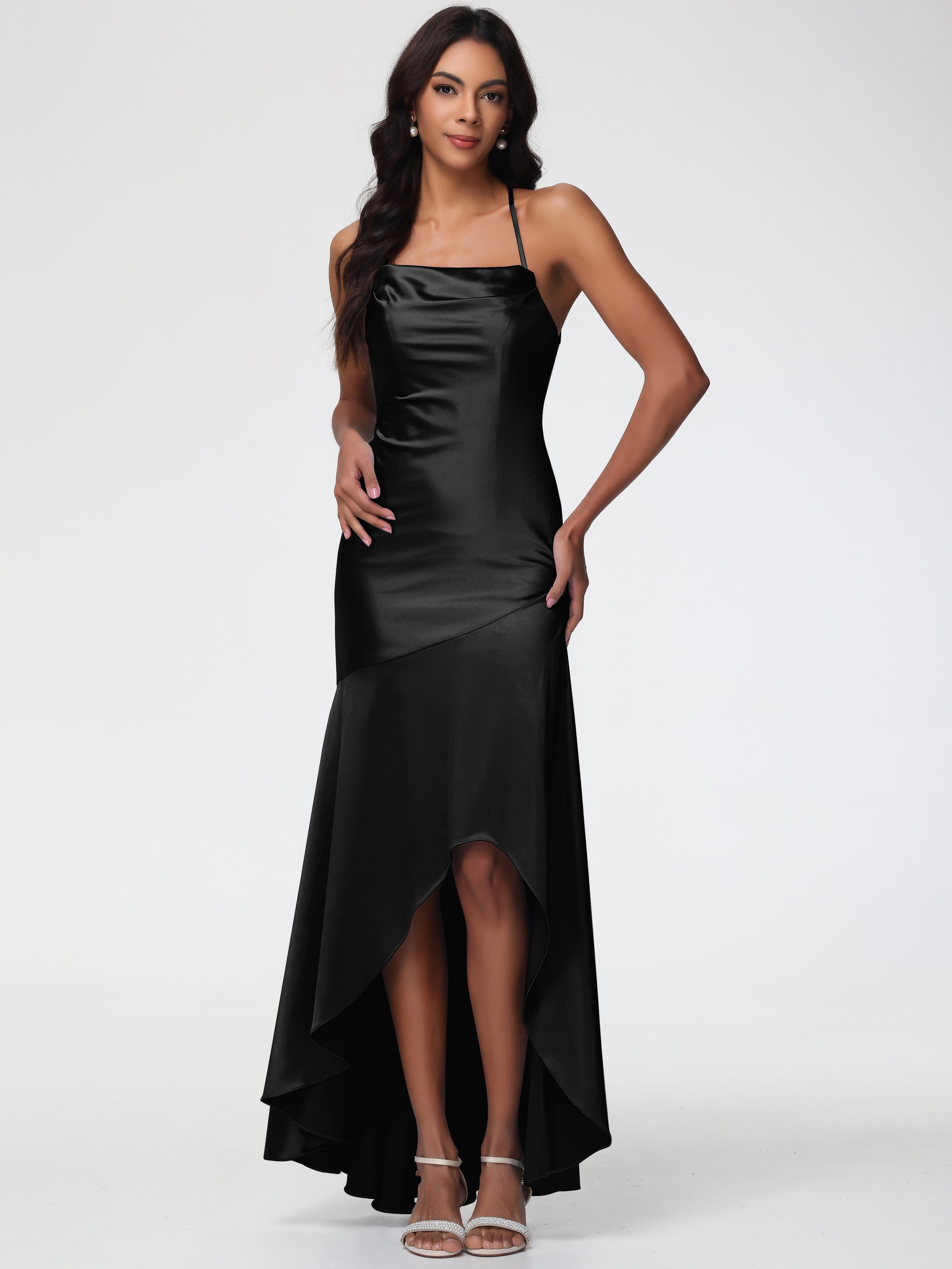 Black Satin Formal Dresses Spaghetti Straps Halter Sleeveless Zipper Long Stretch Satin Formal Dresses With Split Black Satin Formal Dresses Spaghetti Straps Halter Sleeveless Zipper Long Stretch Satin Formal Dresses With Split