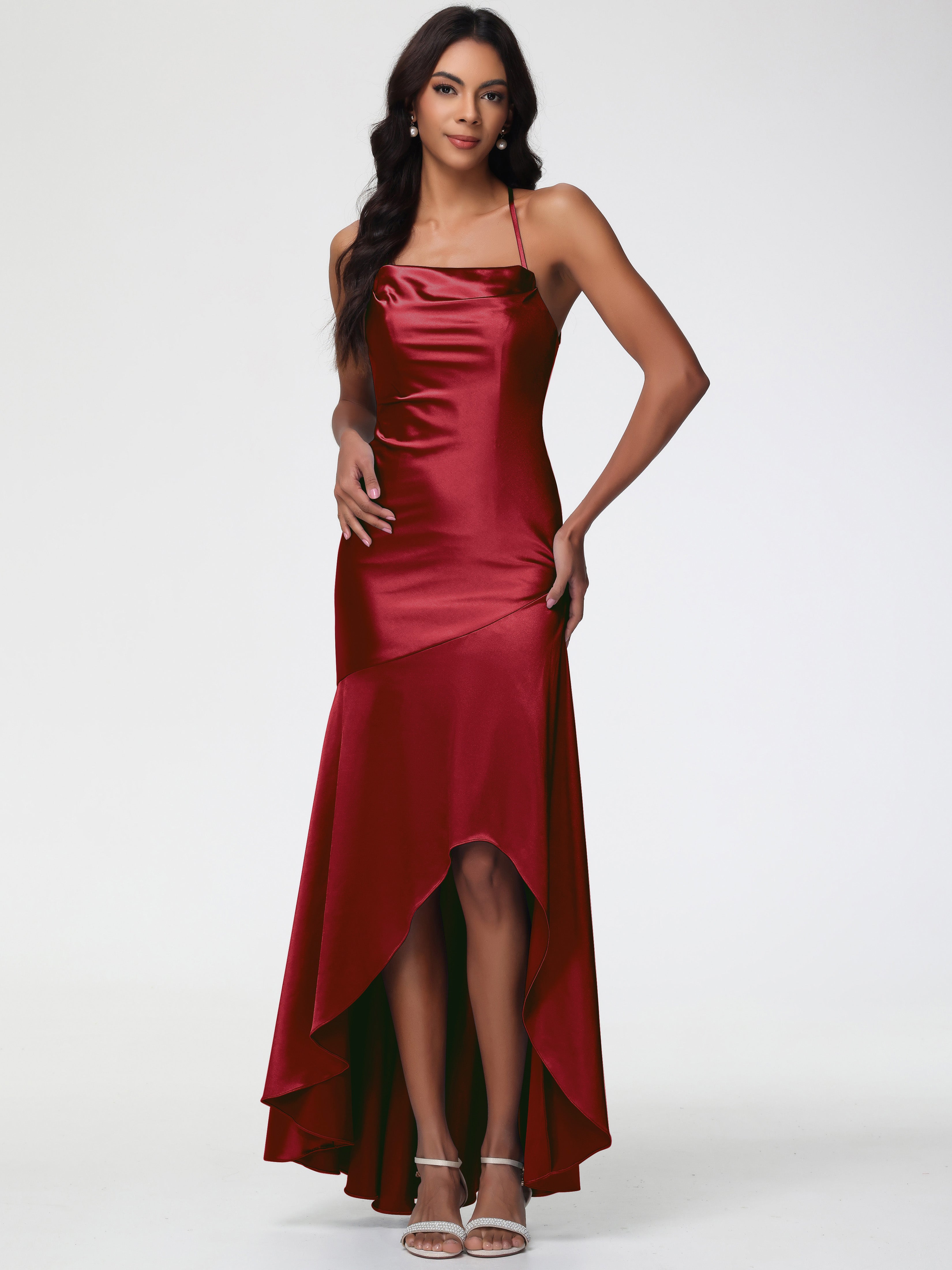 Girls Burgundy Formal Dresses Spaghetti Straps Halter Sleeveless Zipper Long Stretch Satin Formal Dresses With Split Girls Burgundy Formal Dresses Spaghetti Straps Halter Sleeveless Zipper Long Stretch Satin Formal Dresses With Split