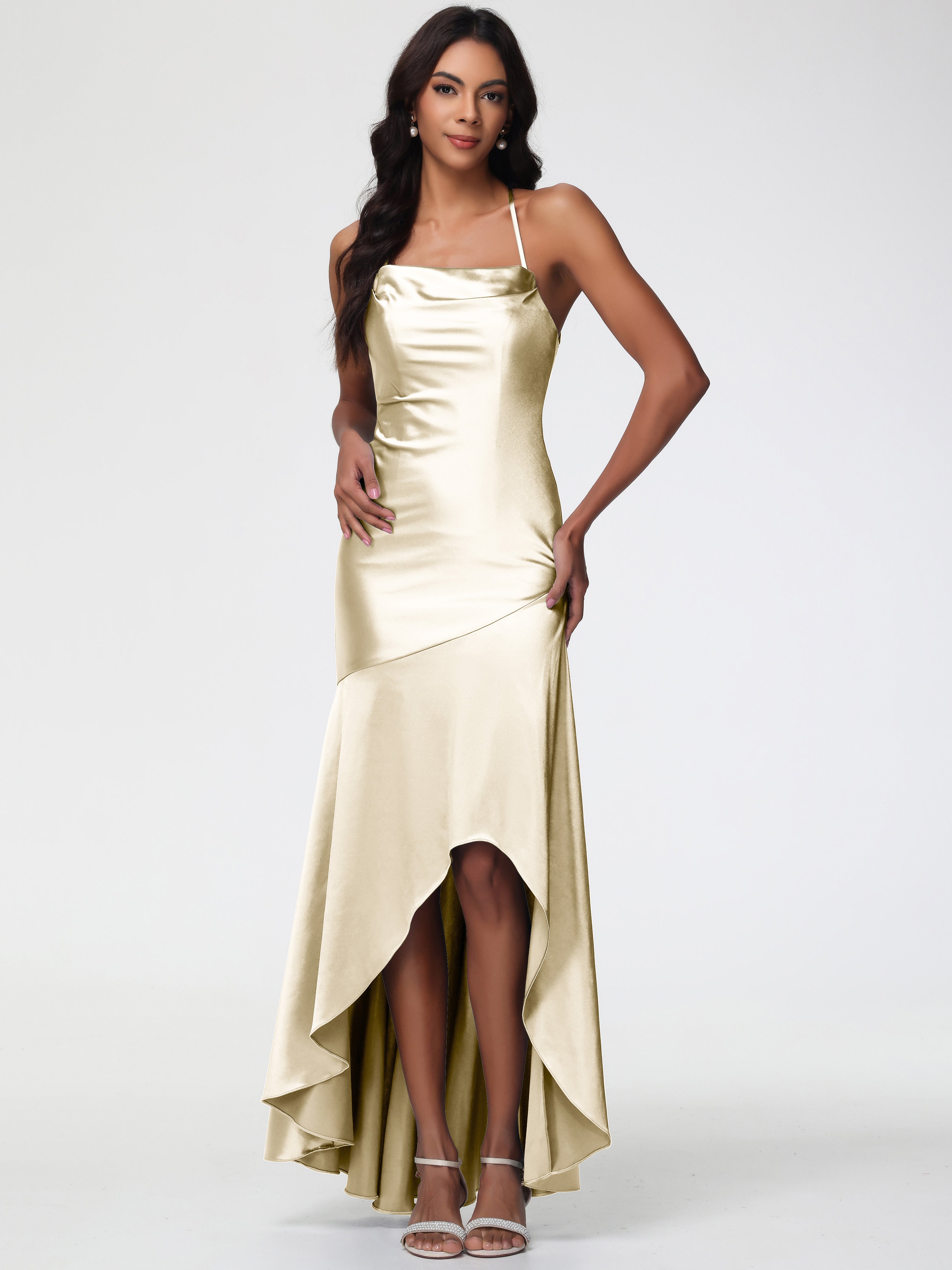 Champagne Gold Prom Dresses Spaghetti Straps Halter Sleeveless Zipper Champagne Gold Prom Dresses Spaghetti Straps Halter Sleeveless Zipper