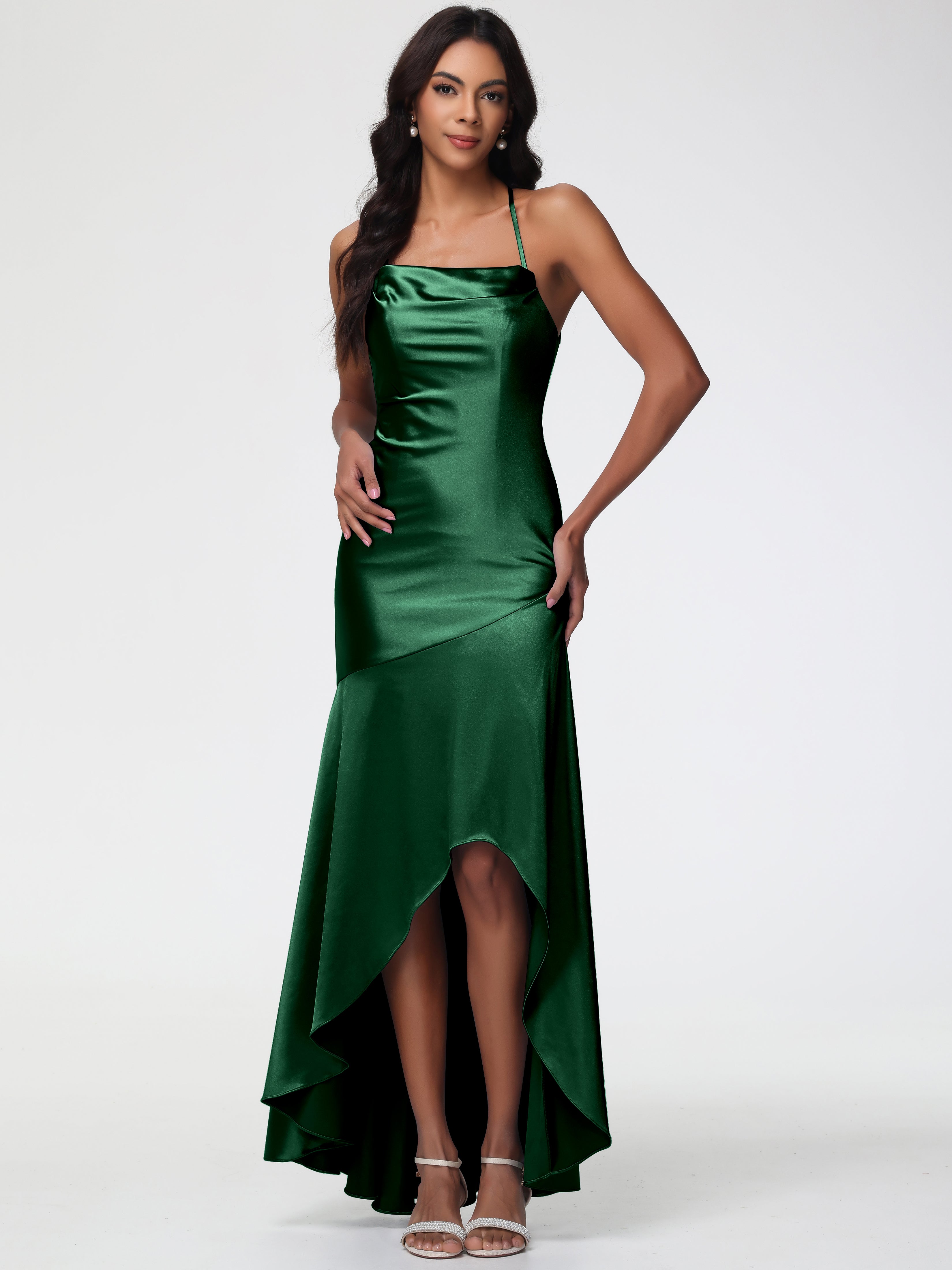 Formal Dress Dark Green Spaghetti Straps Halter Sleeveless Zipper Long Stretch Satin Formal Dresses With Split Formal Dress Dark Green Spaghetti Straps Halter Sleeveless Zipper Long Stretch Satin Formal Dresses With Split