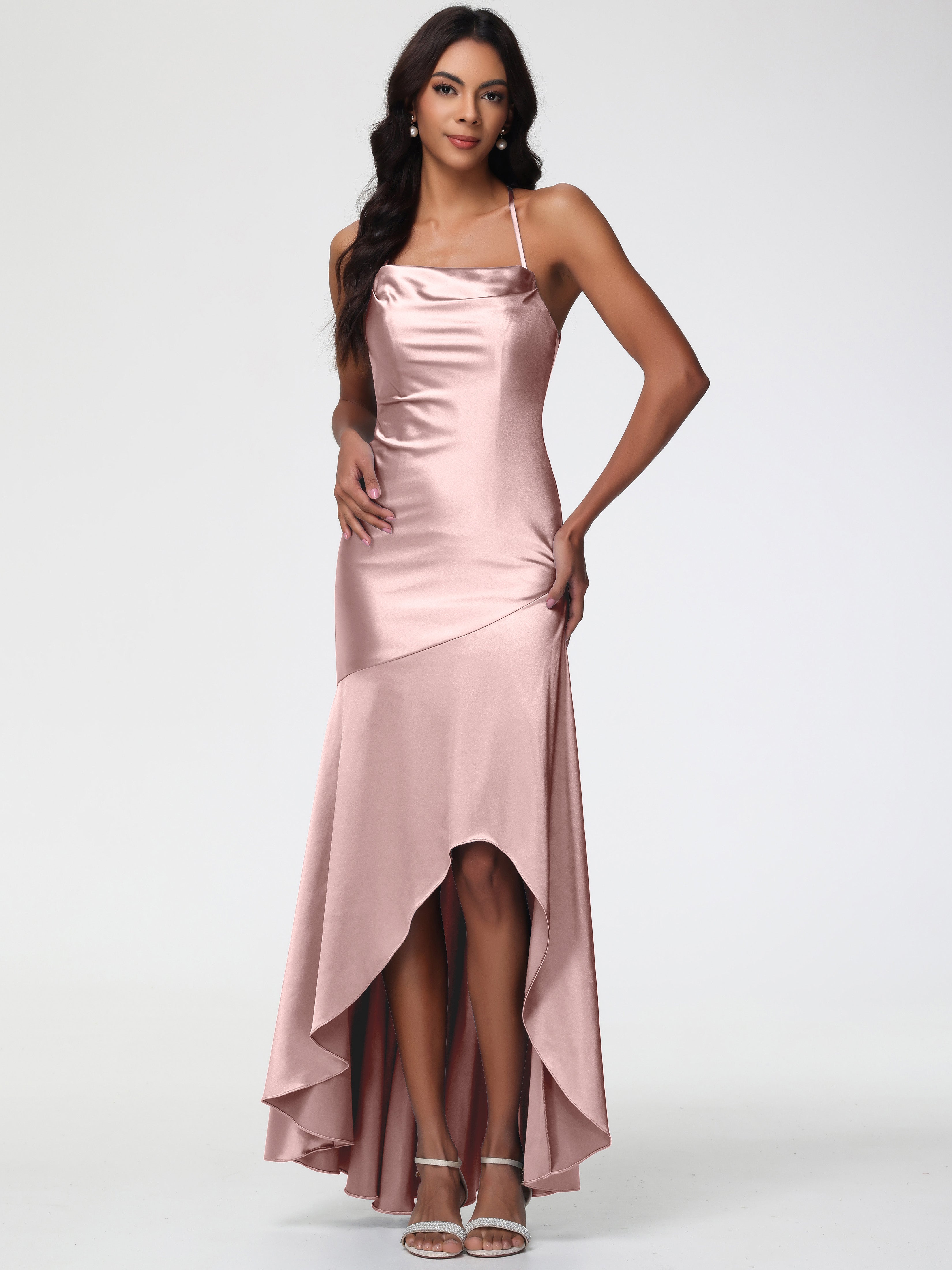 Dusty Rose Satin Formal Dresses Spaghetti Straps Halter Sleeveless Zipper Long Stretch Satin Formal Dresses With Split Dusty Rose Satin Formal Dresses Spaghetti Straps Halter Sleeveless Zipper Long Stretch Satin Formal Dresses With Split