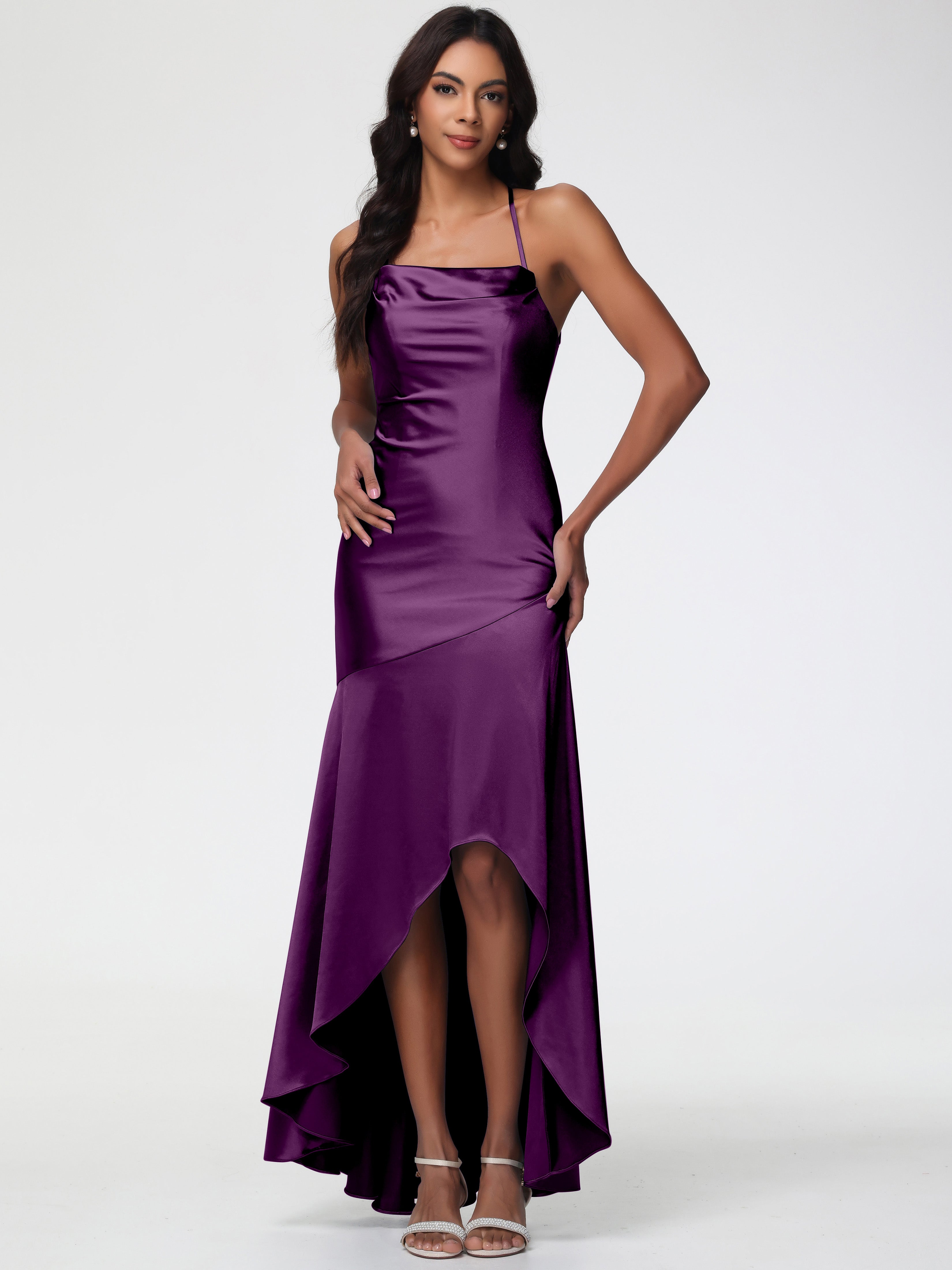 Grape Colour Bridesmaid Dresses Spaghetti Straps Halter Sleeveless Zipper Long Stretch Satin Bridesmaid Dresses With Split Grape Colour Bridesmaid Dresses Spaghetti Straps Halter Sleeveless Zipper Long Stretch Satin Bridesmaid Dresses With Split