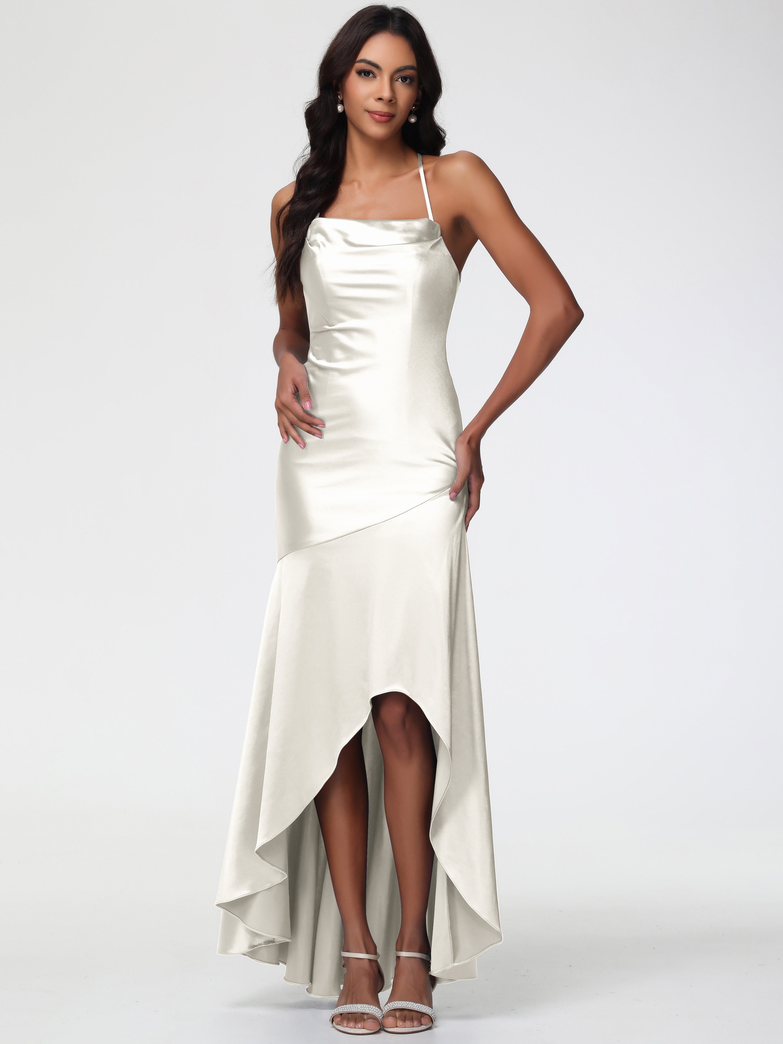 Ivory Prom Dresses Girl Spaghetti Straps Halter Sleeveless Zipper Long Stretch Satin Prom Dresses With Split Ivory Prom Dresses Girl Spaghetti Straps Halter Sleeveless Zipper Long Stretch Satin Prom Dresses With Split