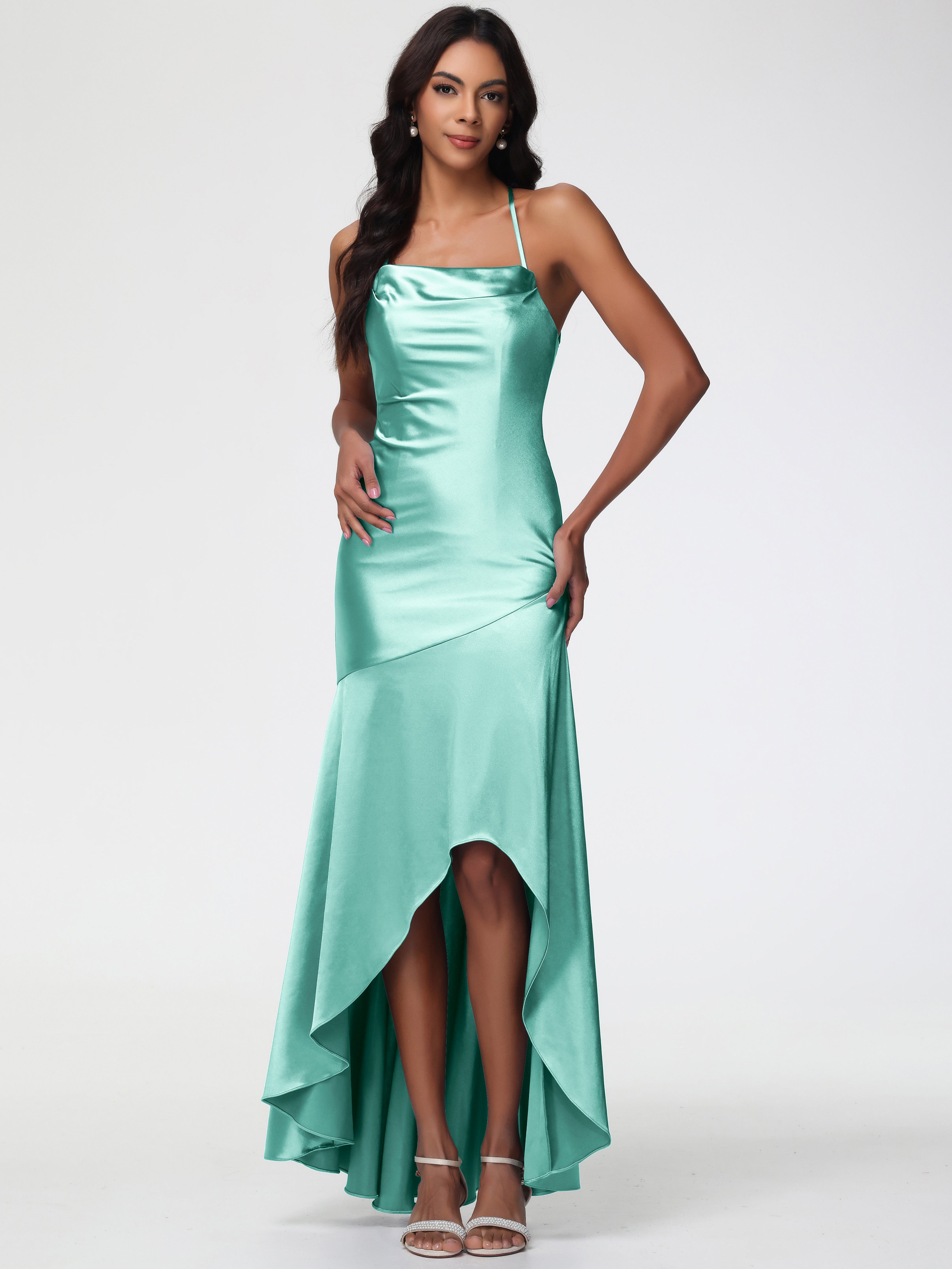 Prom Dress Mint Green Dress Spaghetti Straps Halter Sleeveless Zipper Long Stretch Satin Prom Dresses With Split