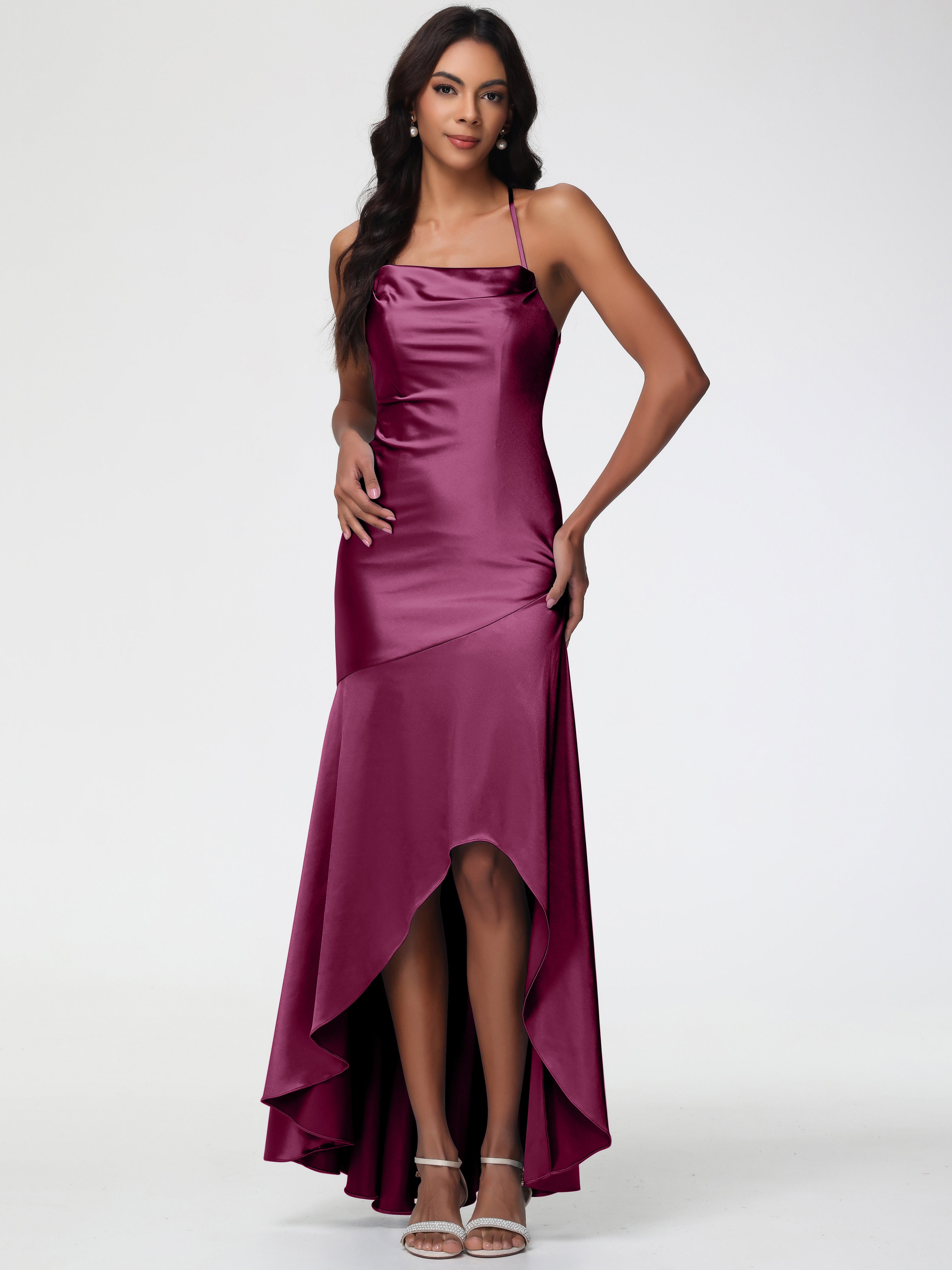 Mulberry Color Bridesmaid Dresses Spaghetti Straps Halter Sleeveless Zipper Long Stretch Satin Bridesmaid Dresses With Split Mulberry Color Bridesmaid Dresses Spaghetti Straps Halter Sleeveless Zipper Long Stretch Satin Bridesmaid Dresses With Split