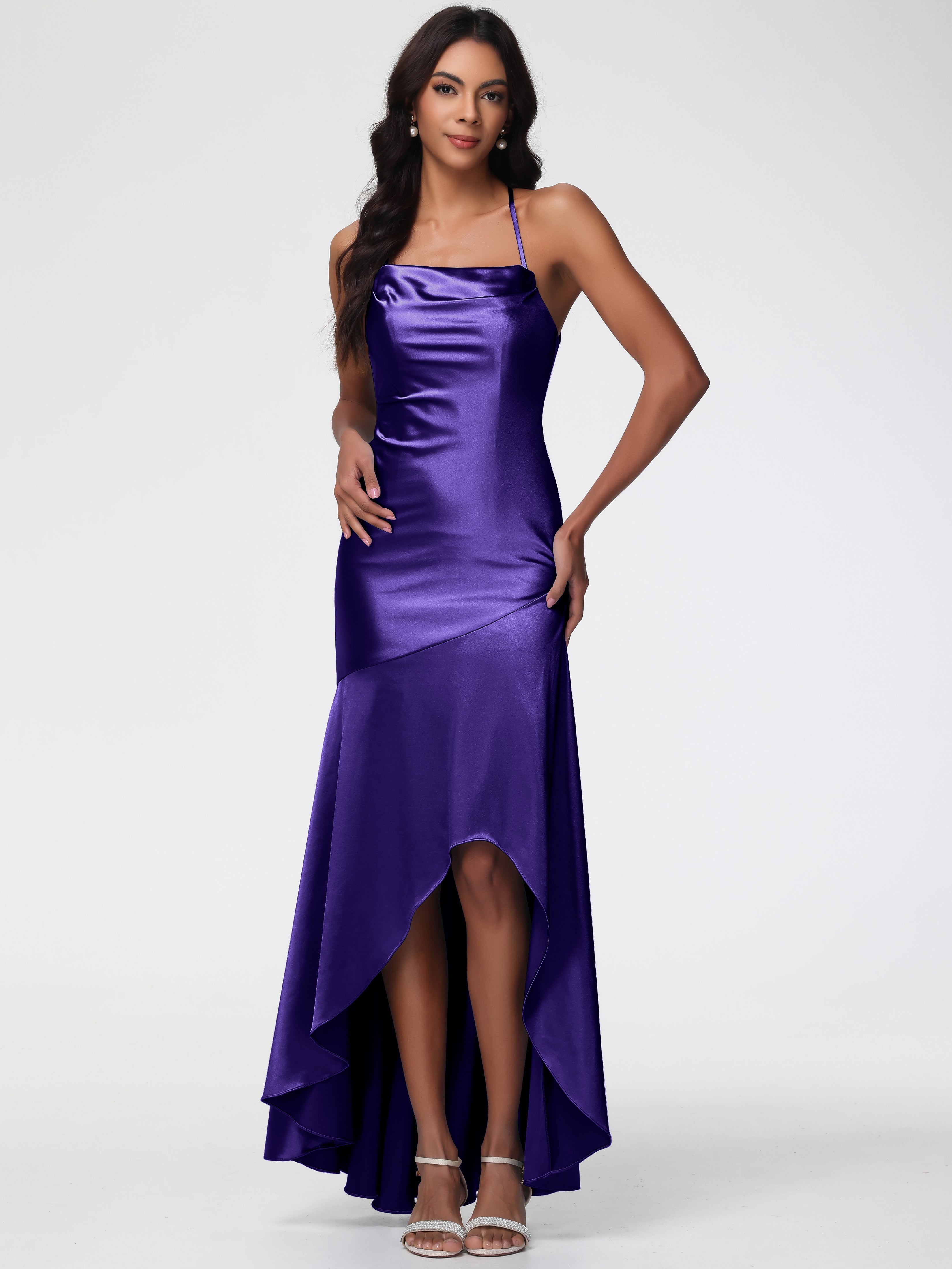 Regency Purple Bridesmaid Dress Spaghetti Straps Halter Sleeveless Zipper Long Stretch Satin Bridesmaid Dresses With Split Regency Purple Bridesmaid Dress Spaghetti Straps Halter Sleeveless Zipper Long Stretch Satin Bridesmaid Dresses With Split