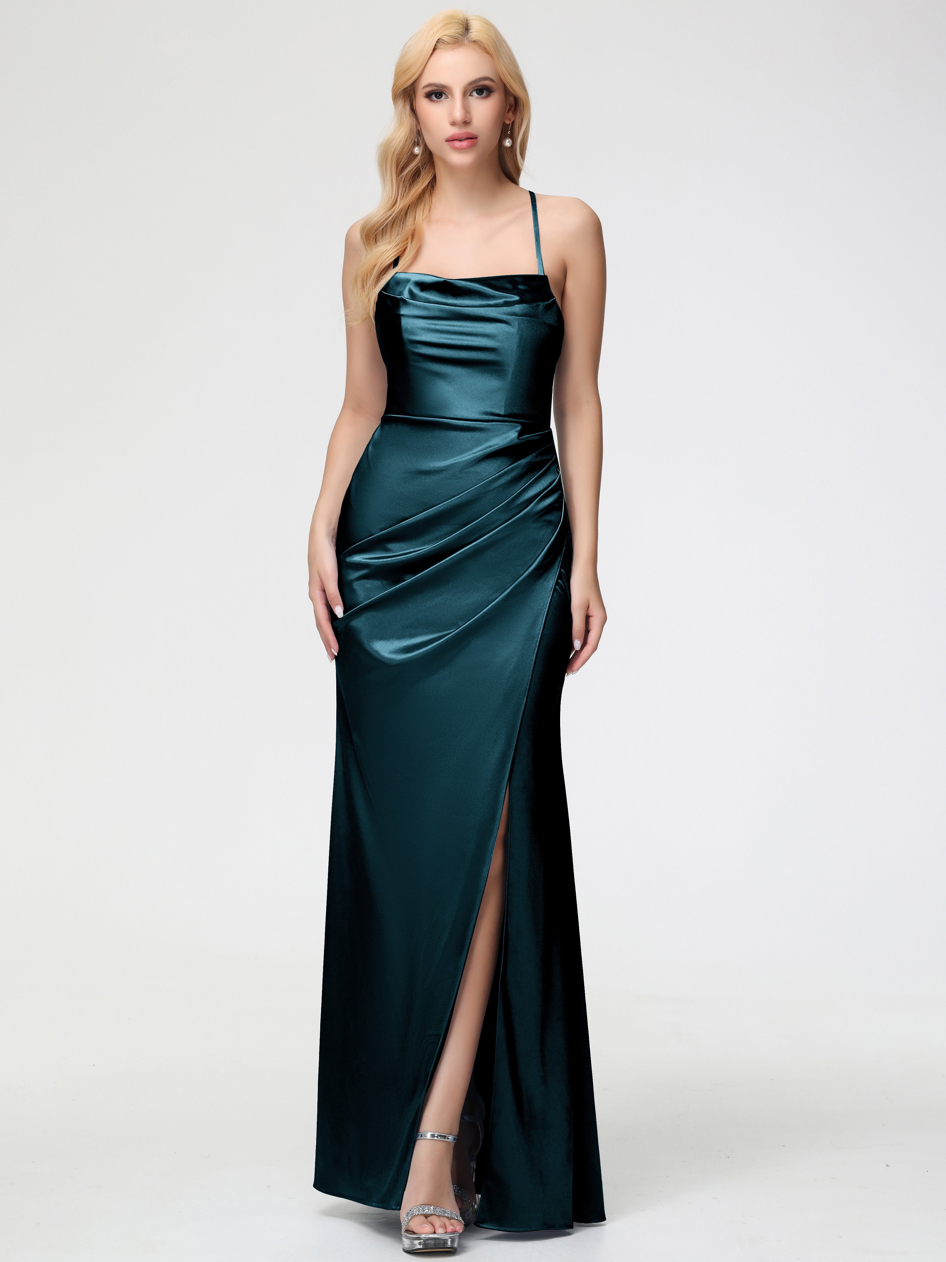 Peacock Wedding Theme Bridesmaid Dresses Sleeveless Cowl Spaghetti Straps Trumpet/Mermaid Split Stretch Satin Bridesmaid Dresses